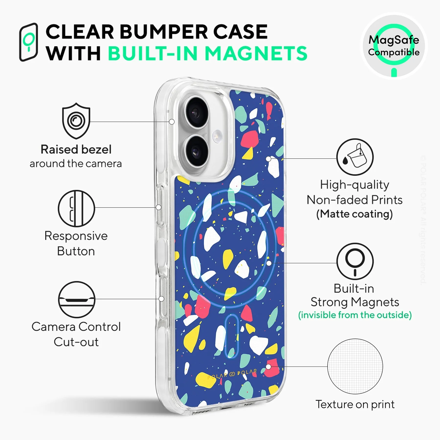 Royal Blue Terrazzo - iPhone 16 Clear Bumper MagSafe Case