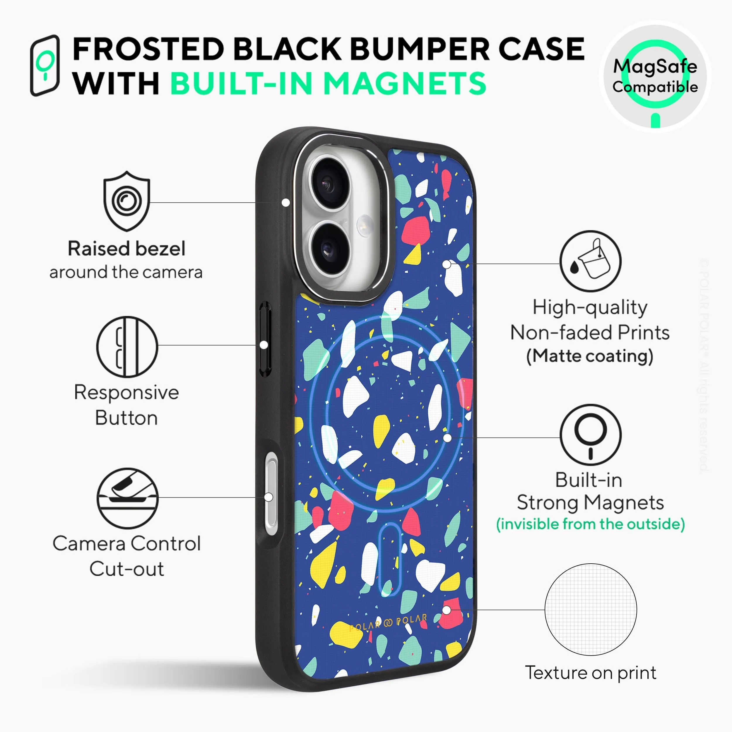 Royal Blue Terrazzo - iPhone 16 Plus Frosted Black Bumper MagSafe Case