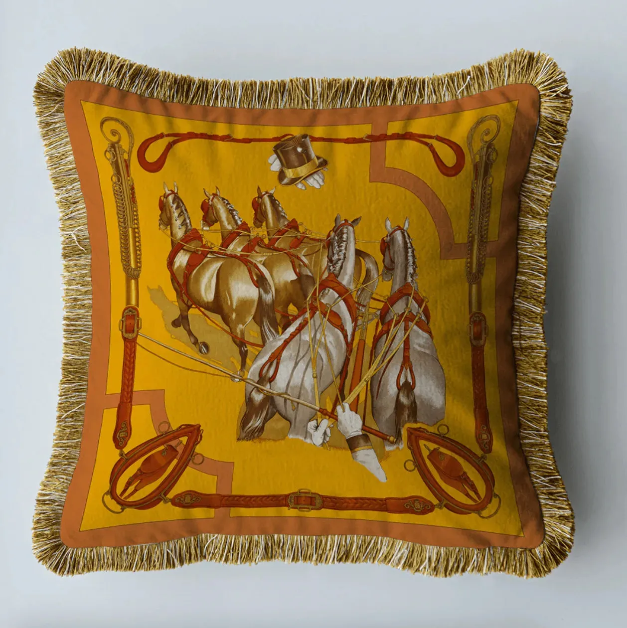Royal Dressage Horse Velvet Throw Pillow Cover with Fringes