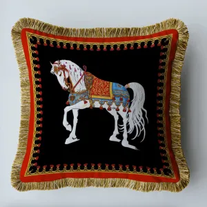 Royal Euro Horse Velvet Throw Pillow Cover with Fringes