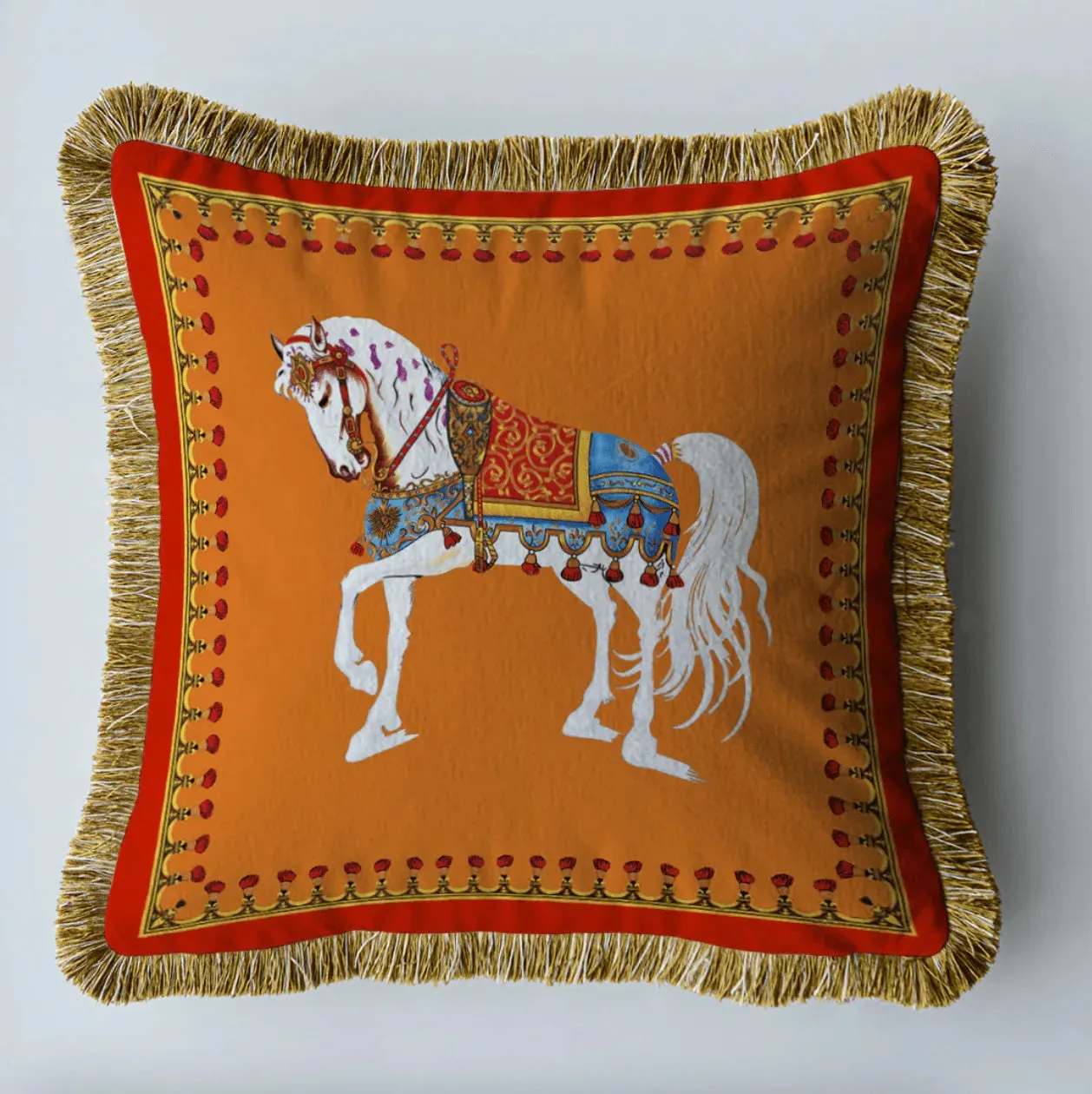 Royal Euro Horse Velvet Throw Pillow Cover with Fringes