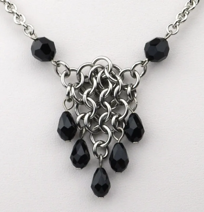 SALE: Small Mesh Necklace With Crystals - Stainless Steel - Black, Pink or Light Blue