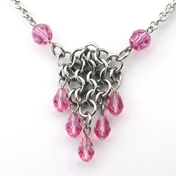 SALE: Small Mesh Necklace With Crystals - Stainless Steel - Black, Pink or Light Blue