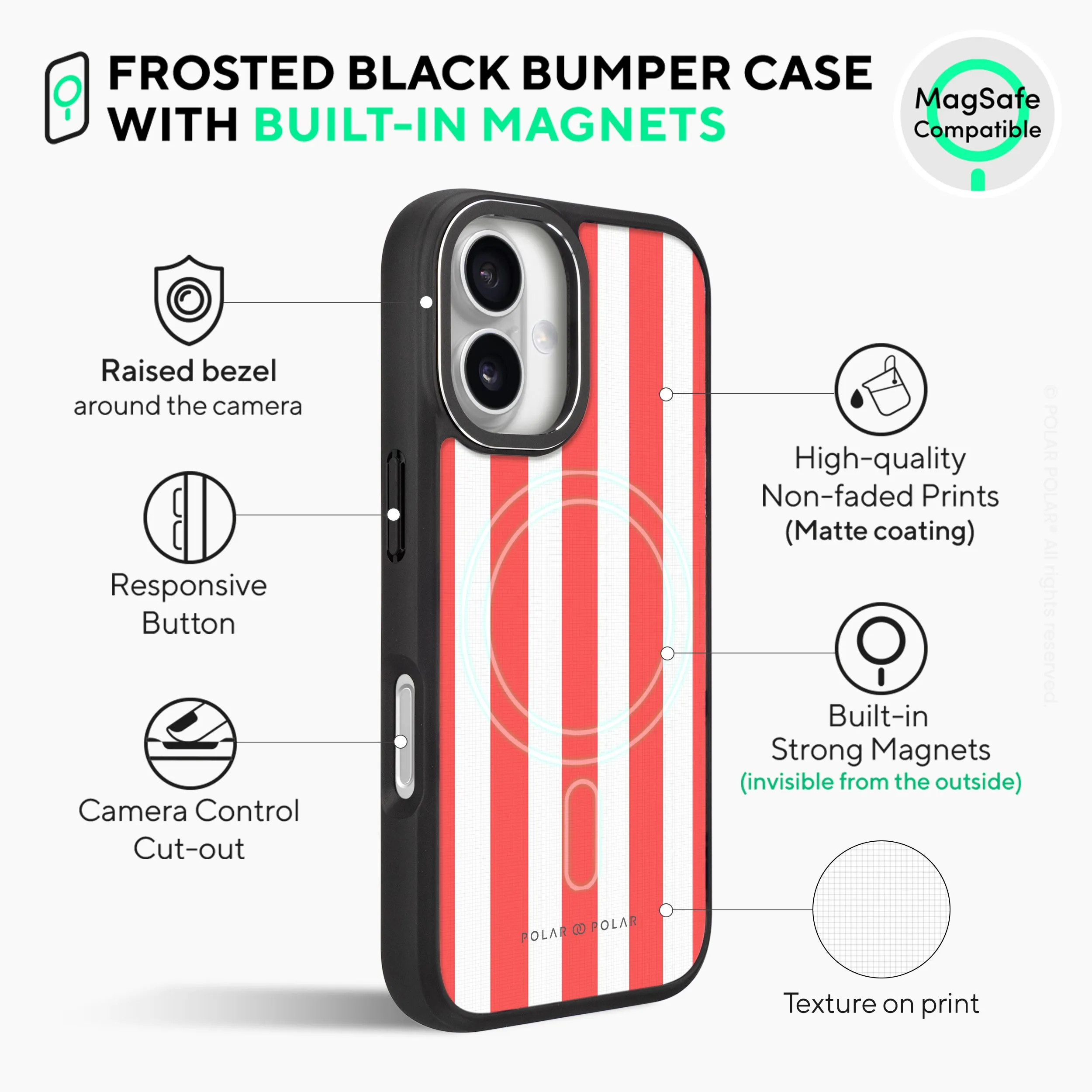 Scarlet Stripe - iPhone 16 Frosted Black Bumper MagSafe Case