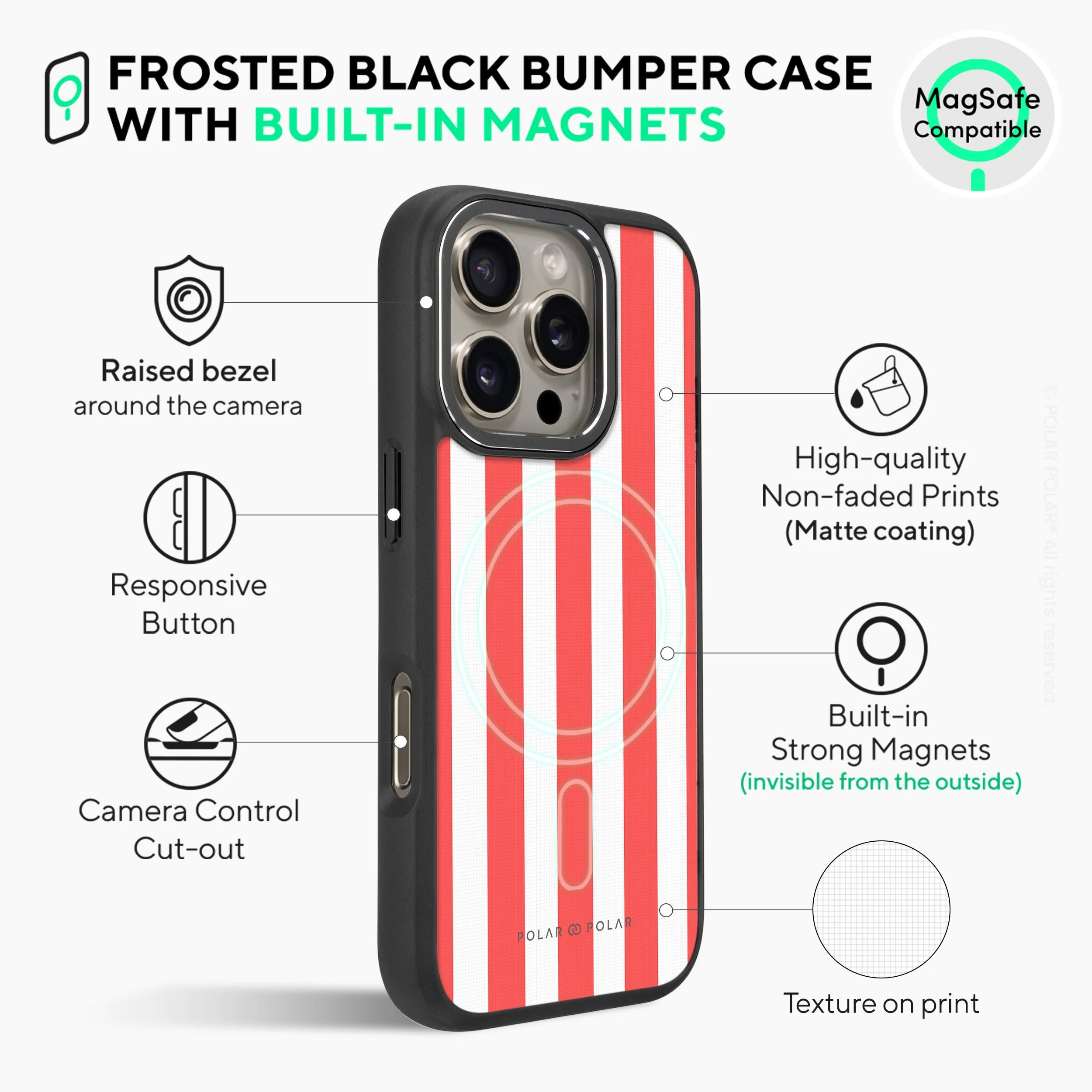 Scarlet Stripe - iPhone 16 Pro Frosted Black Bumper MagSafe Case