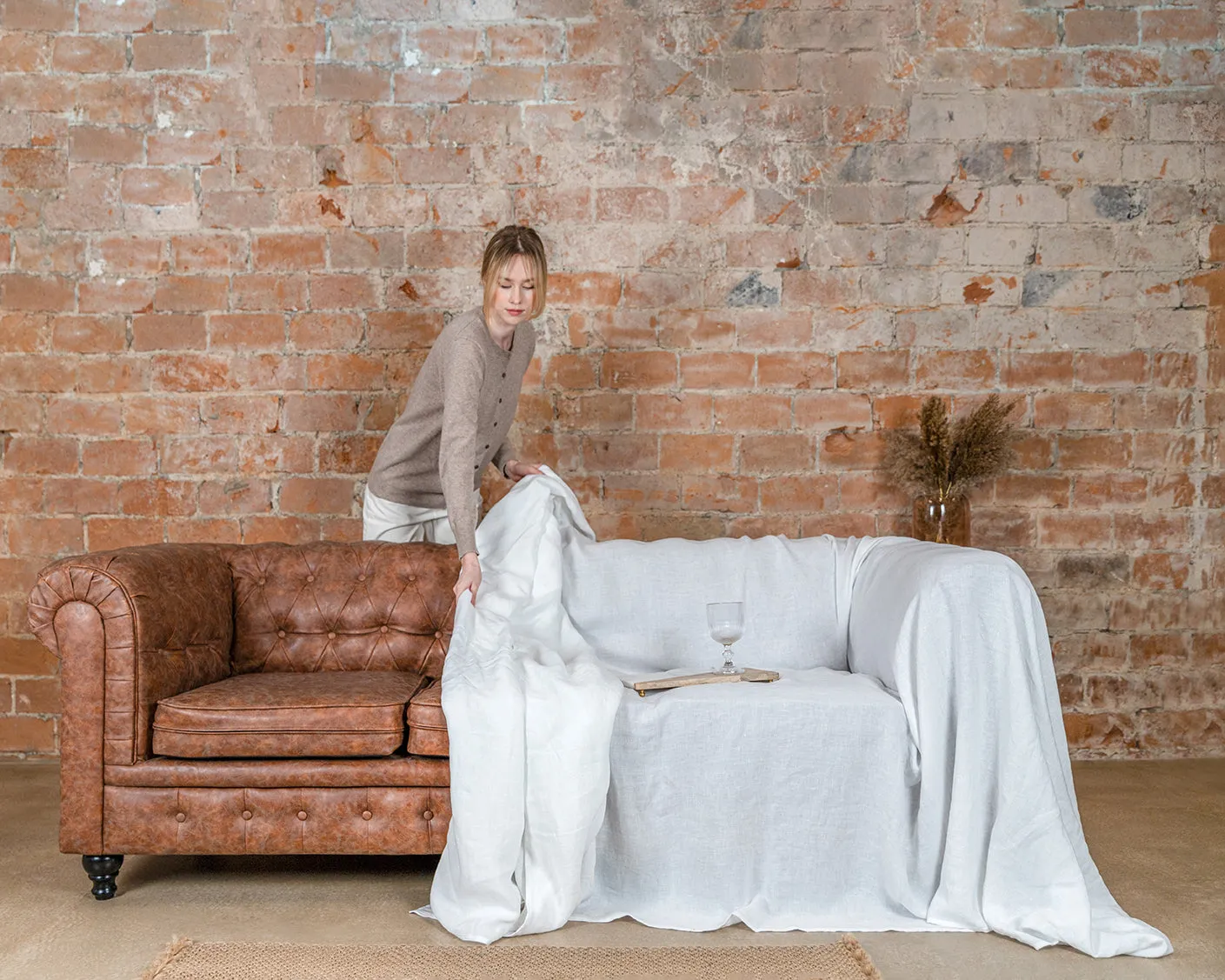 Seamless linen couch cover in Khaki Green color (density 175 g/m2)
