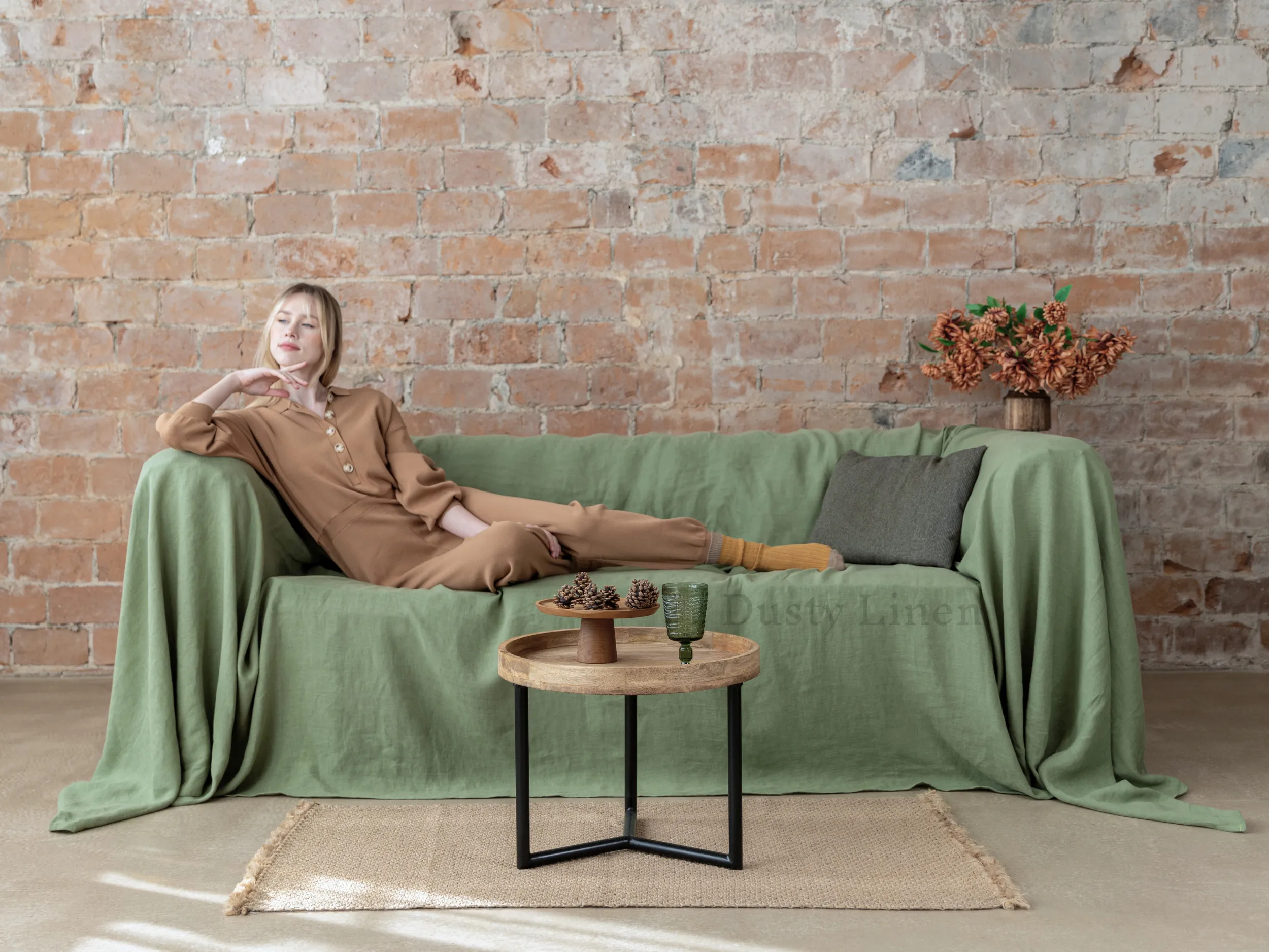 Seamless linen couch cover in Khaki Green color (density 175 g/m2)