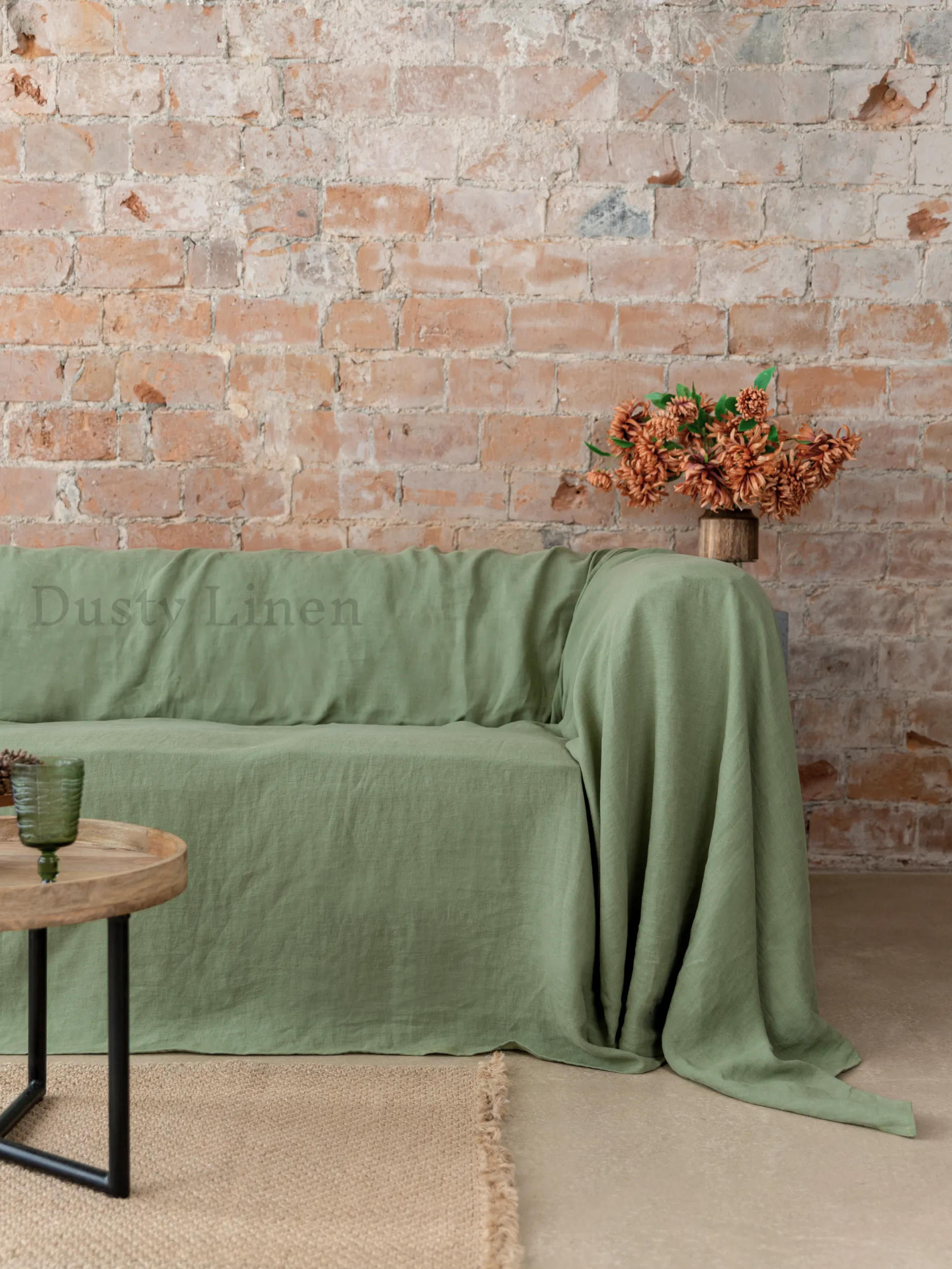Seamless linen couch cover in Khaki Green color (density 175 g/m2)