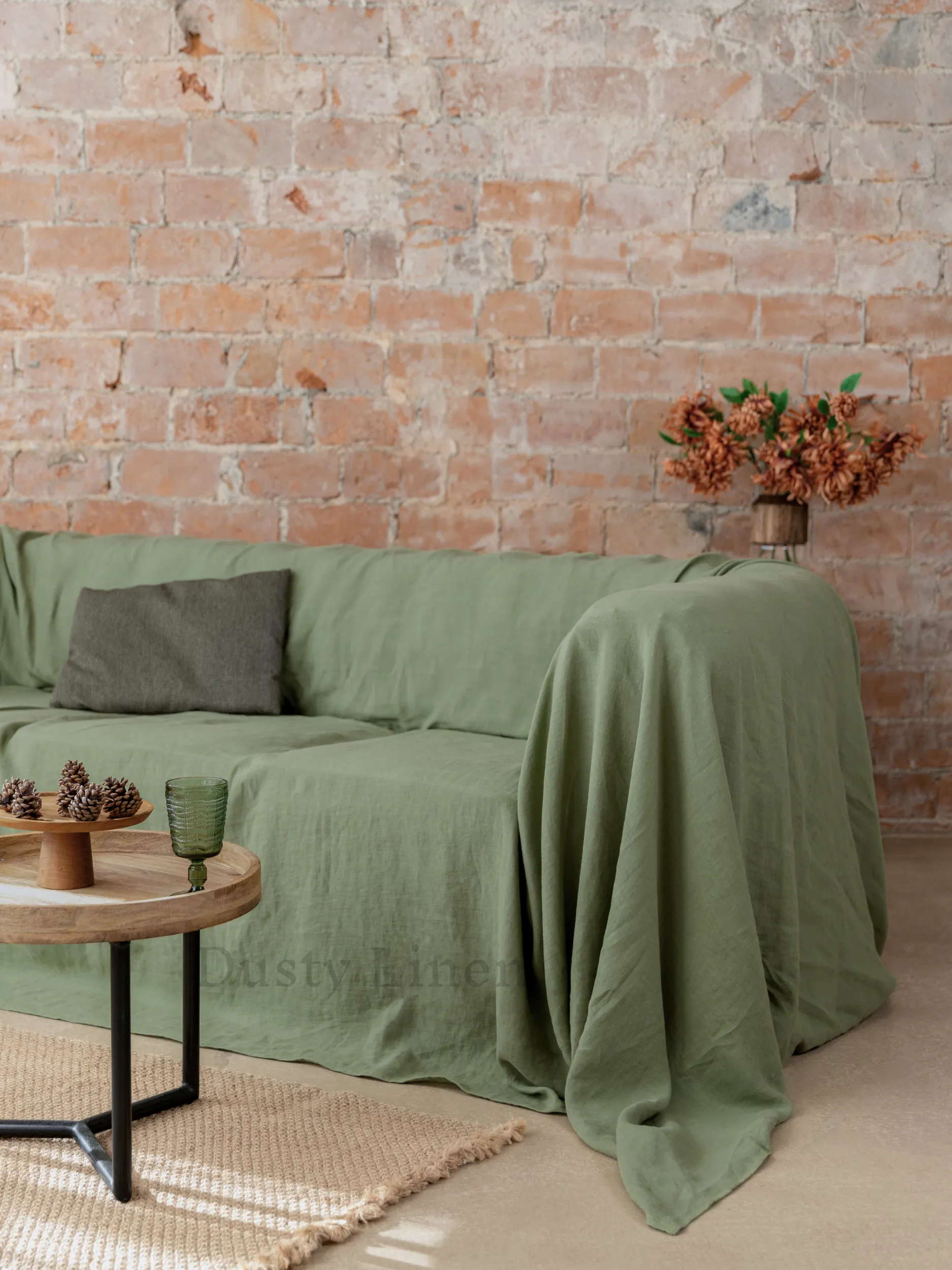 Seamless linen couch cover in Khaki Green color (density 175 g/m2)