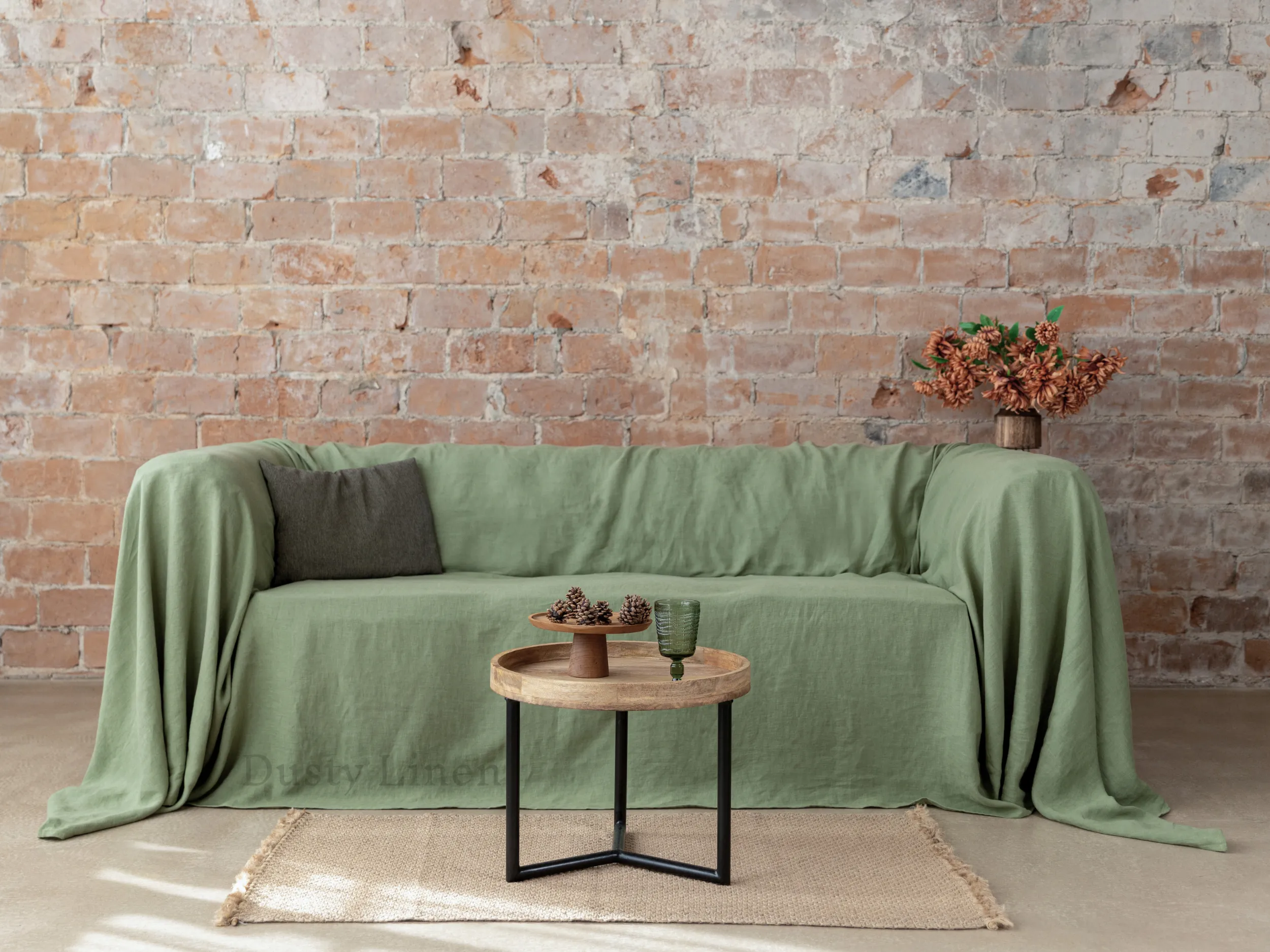 Seamless linen couch cover in Khaki Green color (density 175 g/m2)