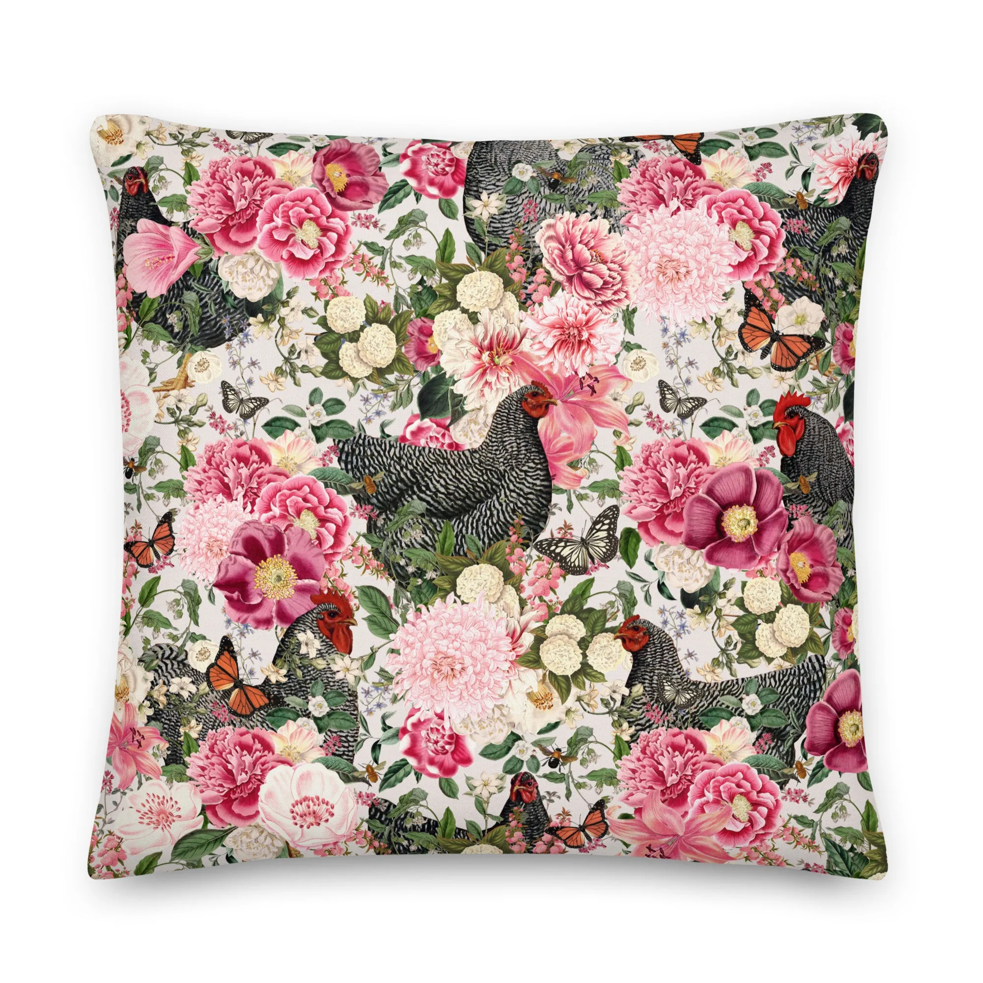 Secret Chicken Garden Throw Pillow, barred rock neutral