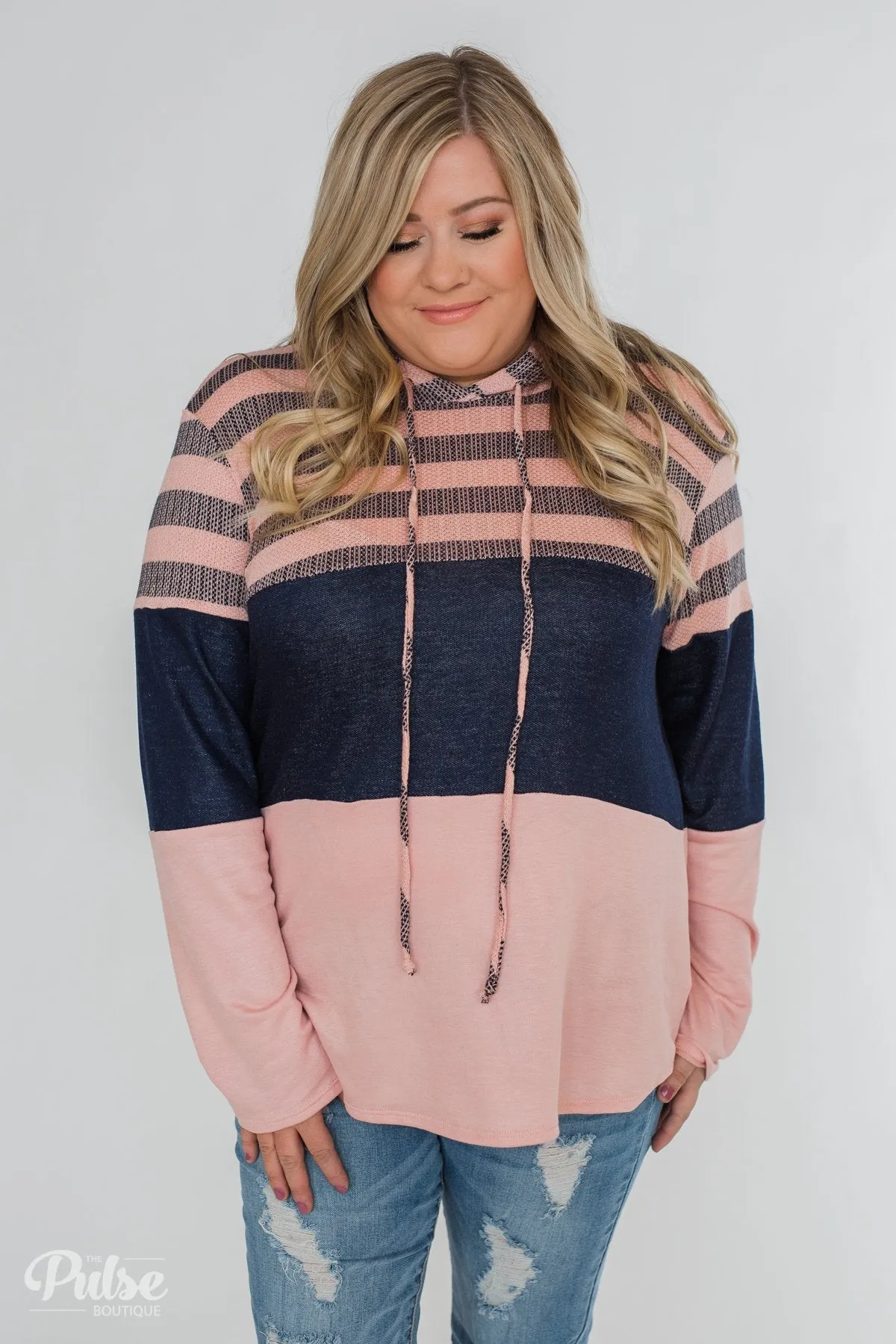 Speak to Me Color Block Drawstring Hoodie- Dusty Blush