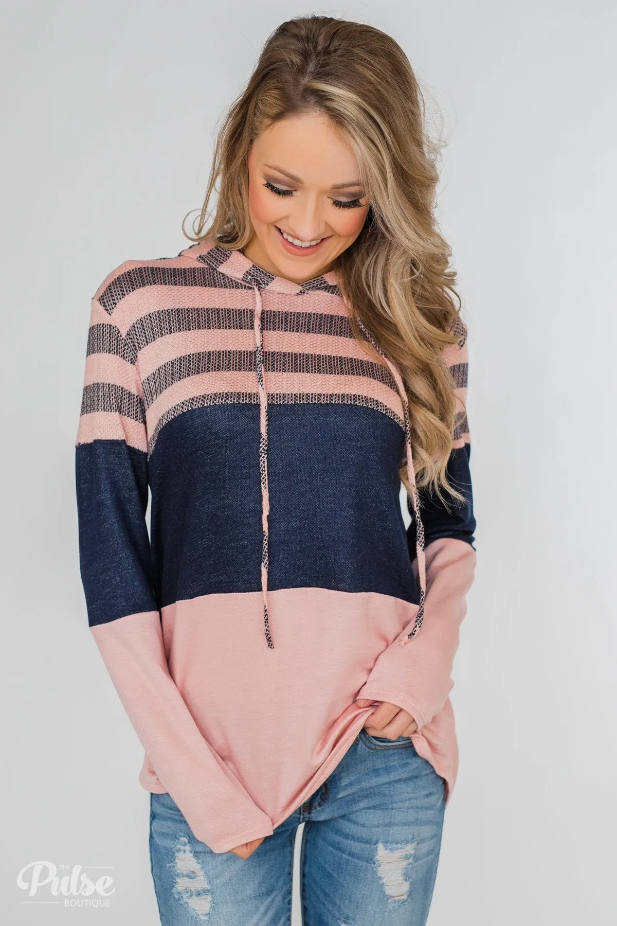 Speak to Me Color Block Drawstring Hoodie- Dusty Blush