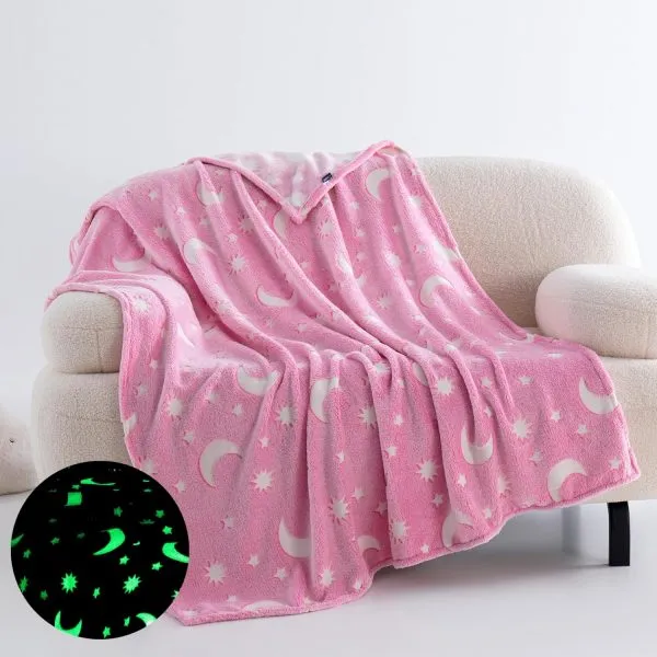 Star Moon Glow in The Dark Blanket for Kids – Pink 120cm x 170cm