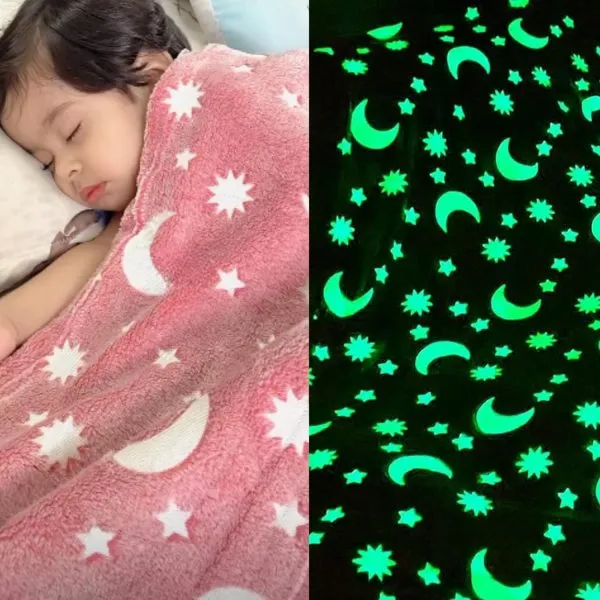 Star Moon Glow in The Dark Blanket for Kids – Pink 120cm x 170cm