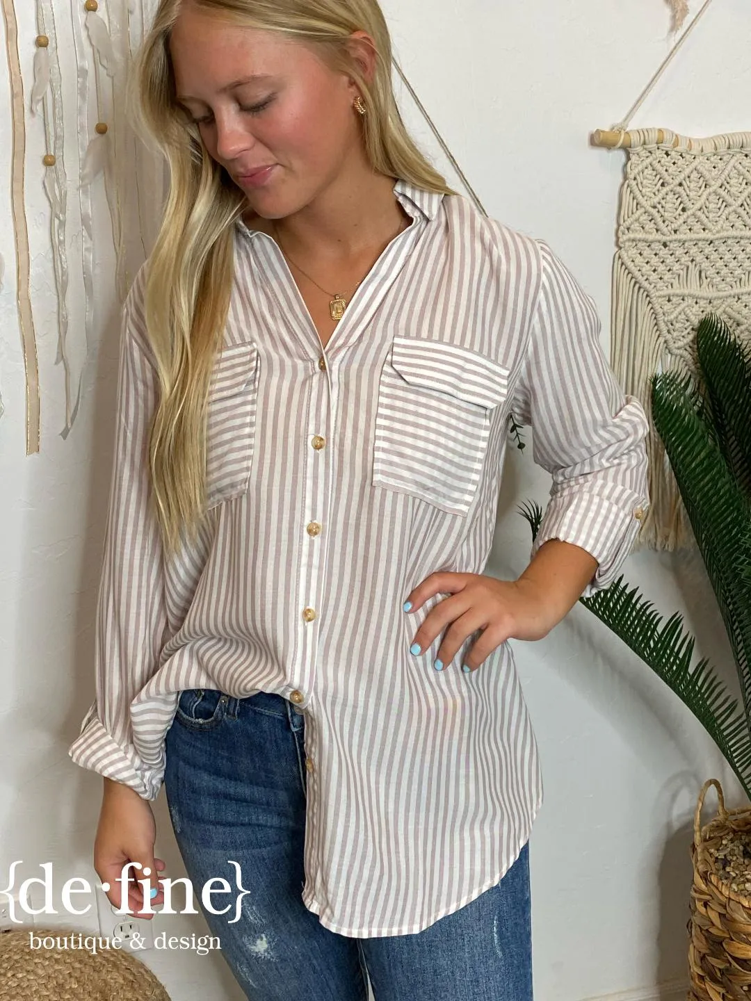 Striped Lightweight Button Up Shirt in 3 Colors in Regular & Curvy