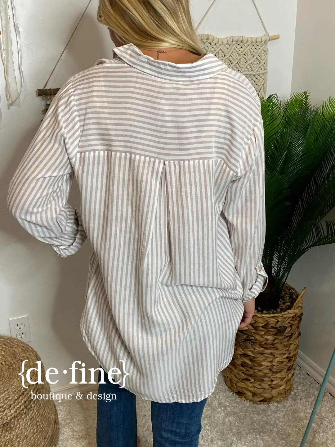 Striped Lightweight Button Up Shirt in 3 Colors in Regular & Curvy
