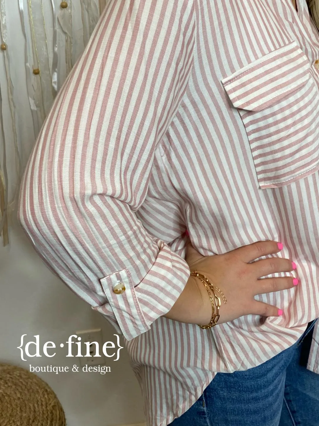 Striped Lightweight Button Up Shirt in 3 Colors in Regular & Curvy