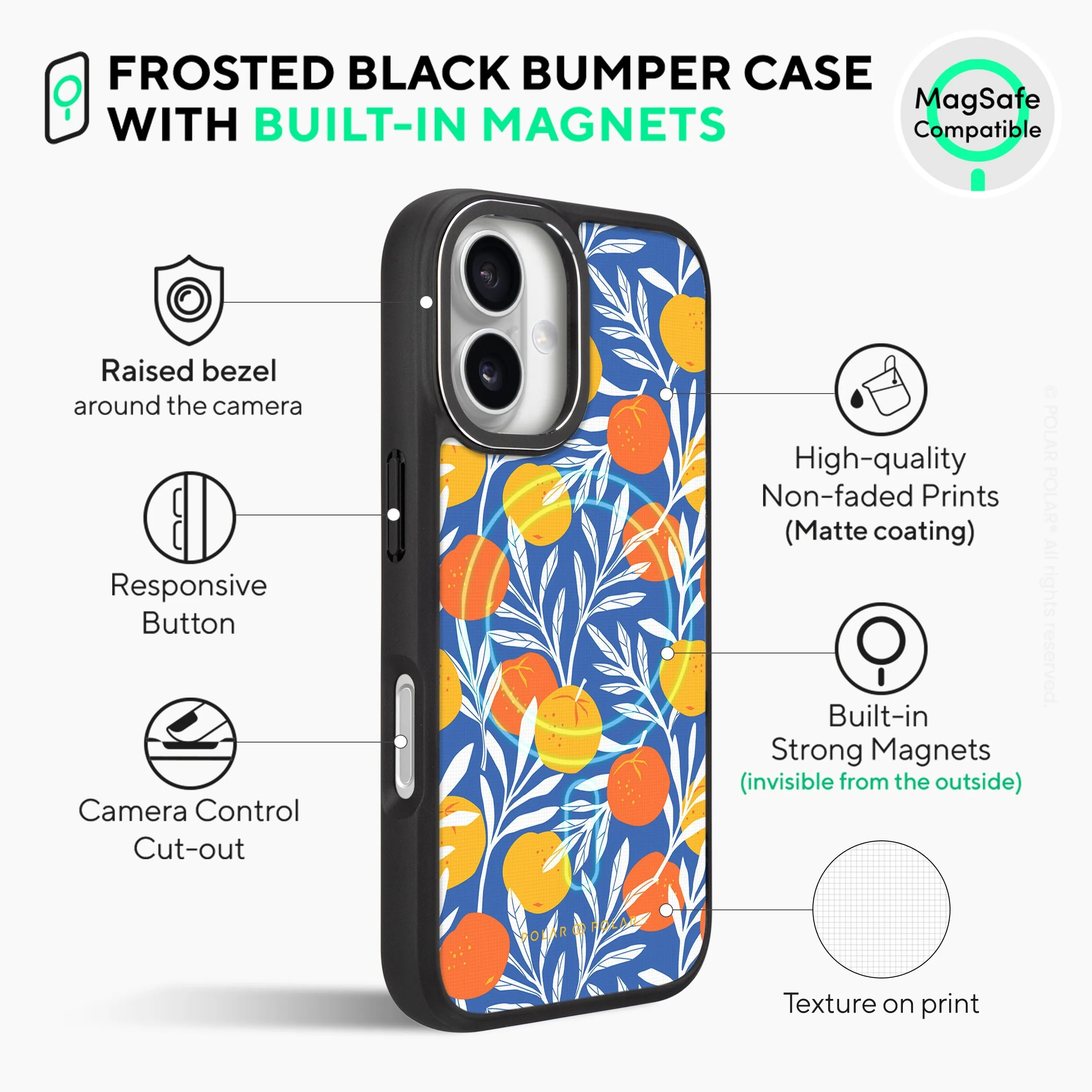 Summer Tangerine - iPhone 16 Frosted Black Bumper MagSafe Case