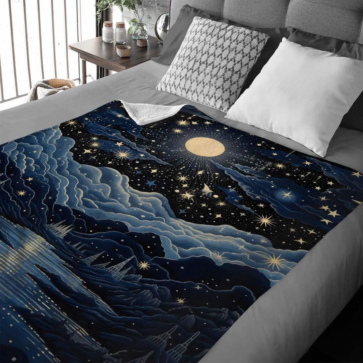 Sun and Moon Sherpa Blanket, Blanket for bed, Cozy Blanket Gift gifts home decor, Moon Gift,Magic Celestial Home Decor, Comet, Constellation and Stars, Moon And Stars 004