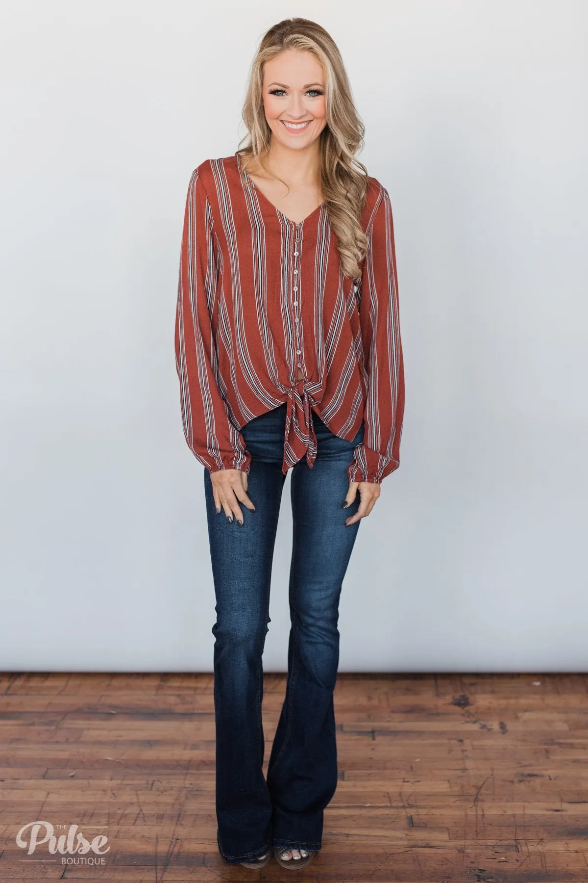 Take Your Time Striped Tie Top- Clay