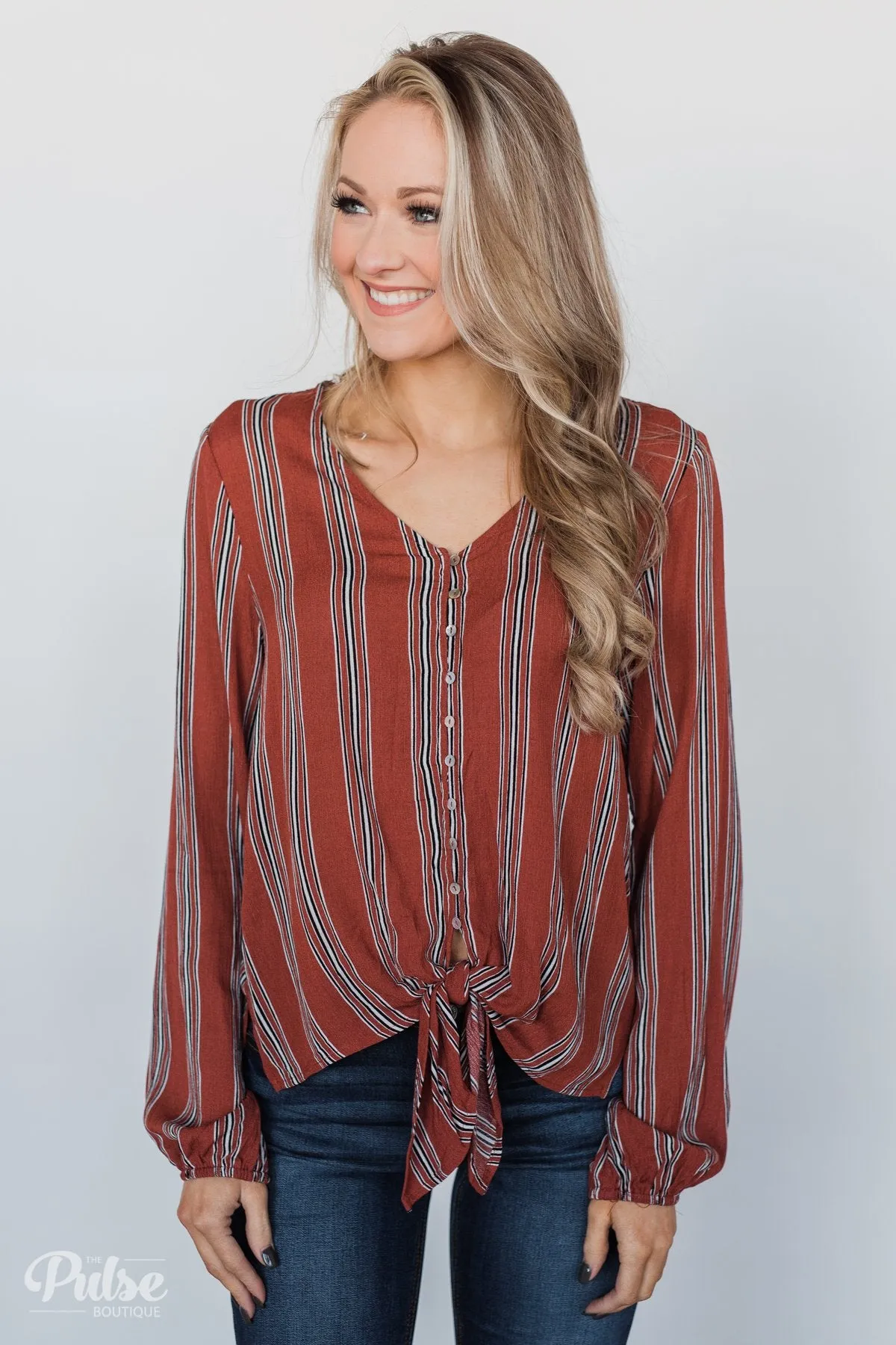 Take Your Time Striped Tie Top- Clay