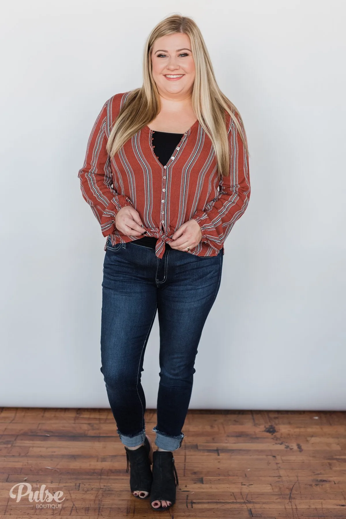 Take Your Time Striped Tie Top- Clay