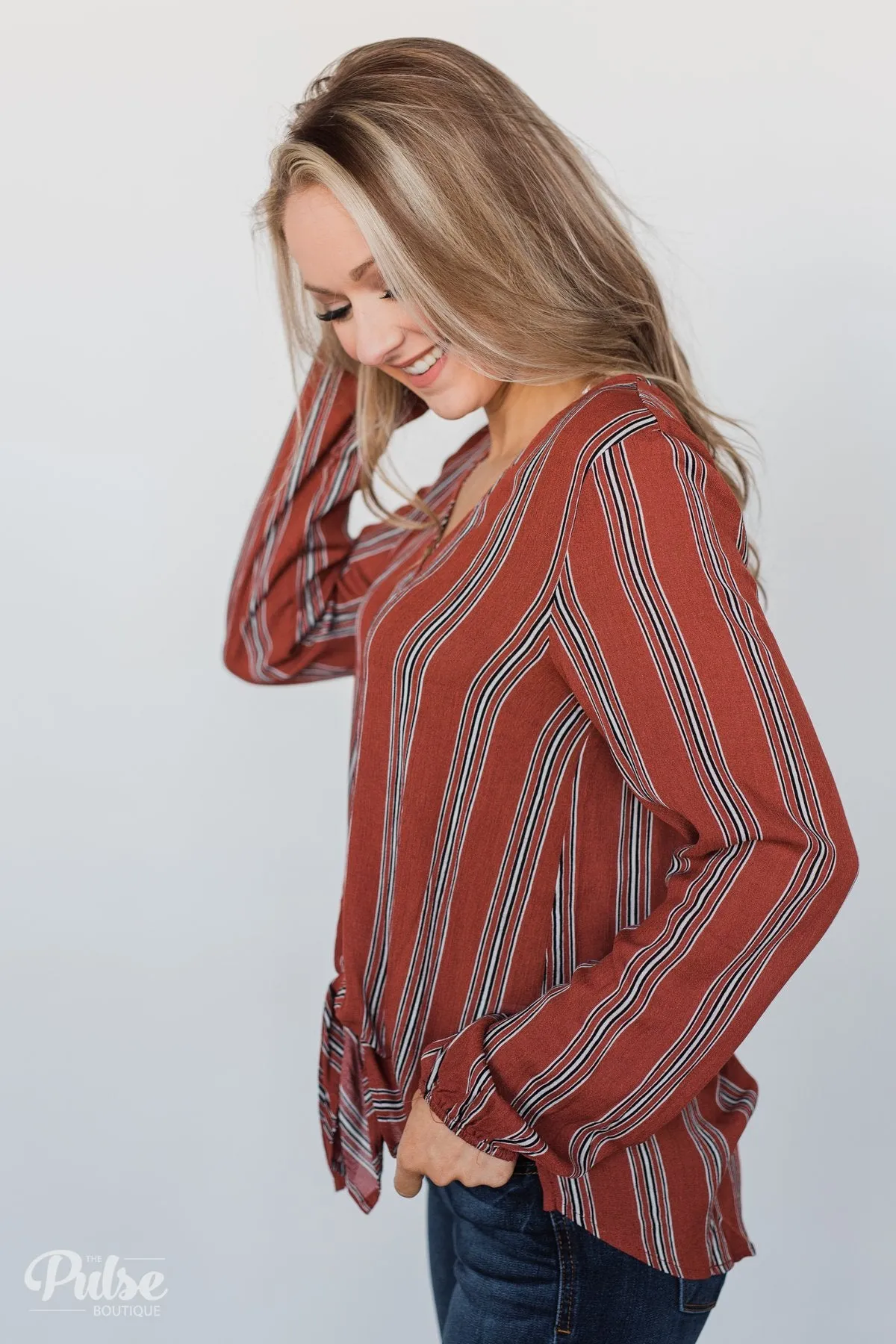 Take Your Time Striped Tie Top- Clay
