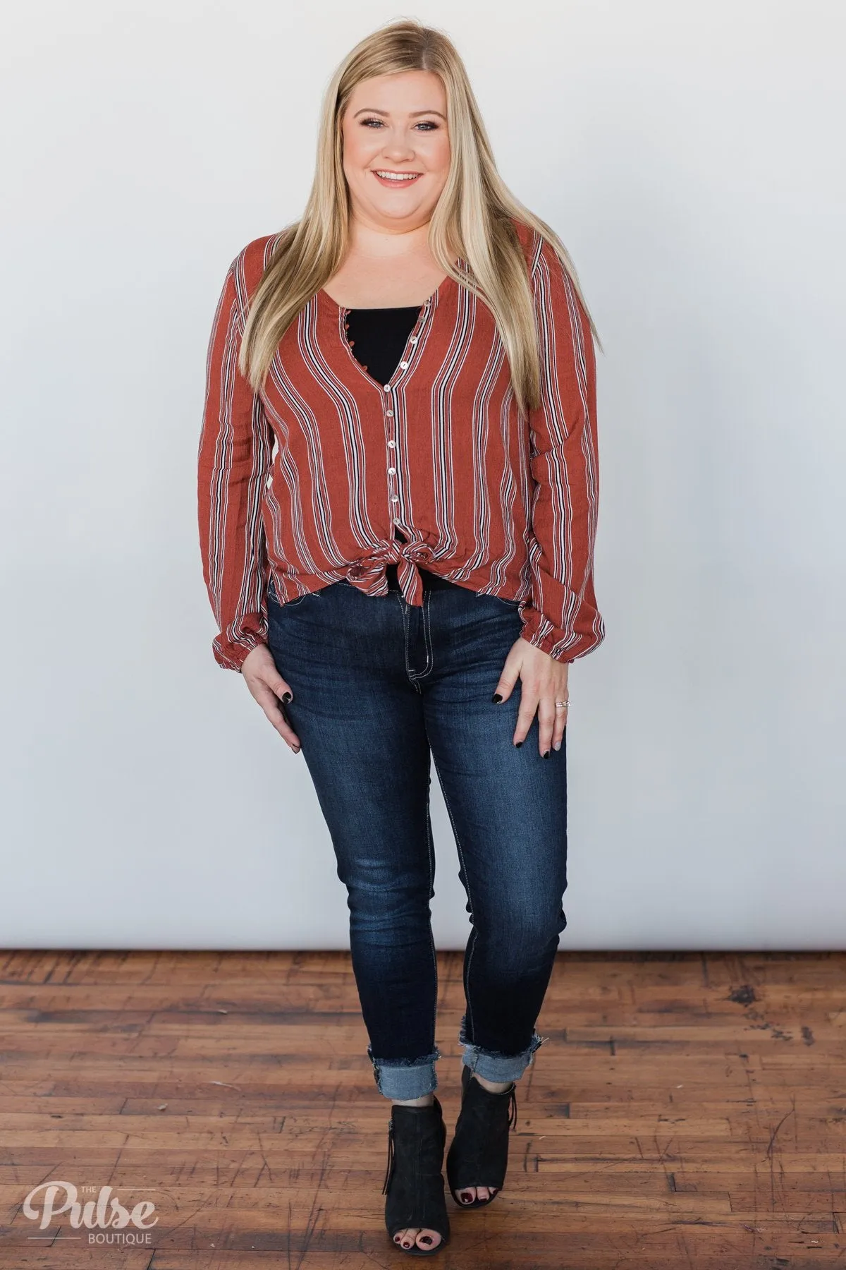 Take Your Time Striped Tie Top- Clay