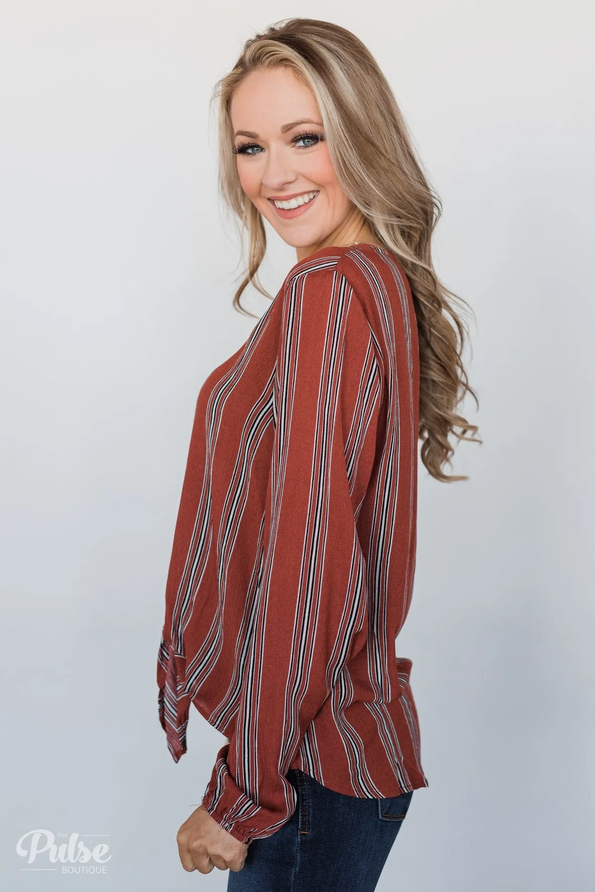 Take Your Time Striped Tie Top- Clay