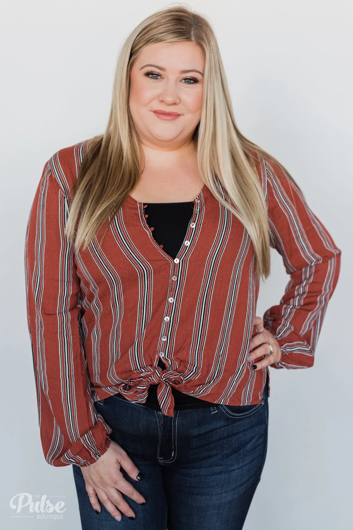 Take Your Time Striped Tie Top- Clay