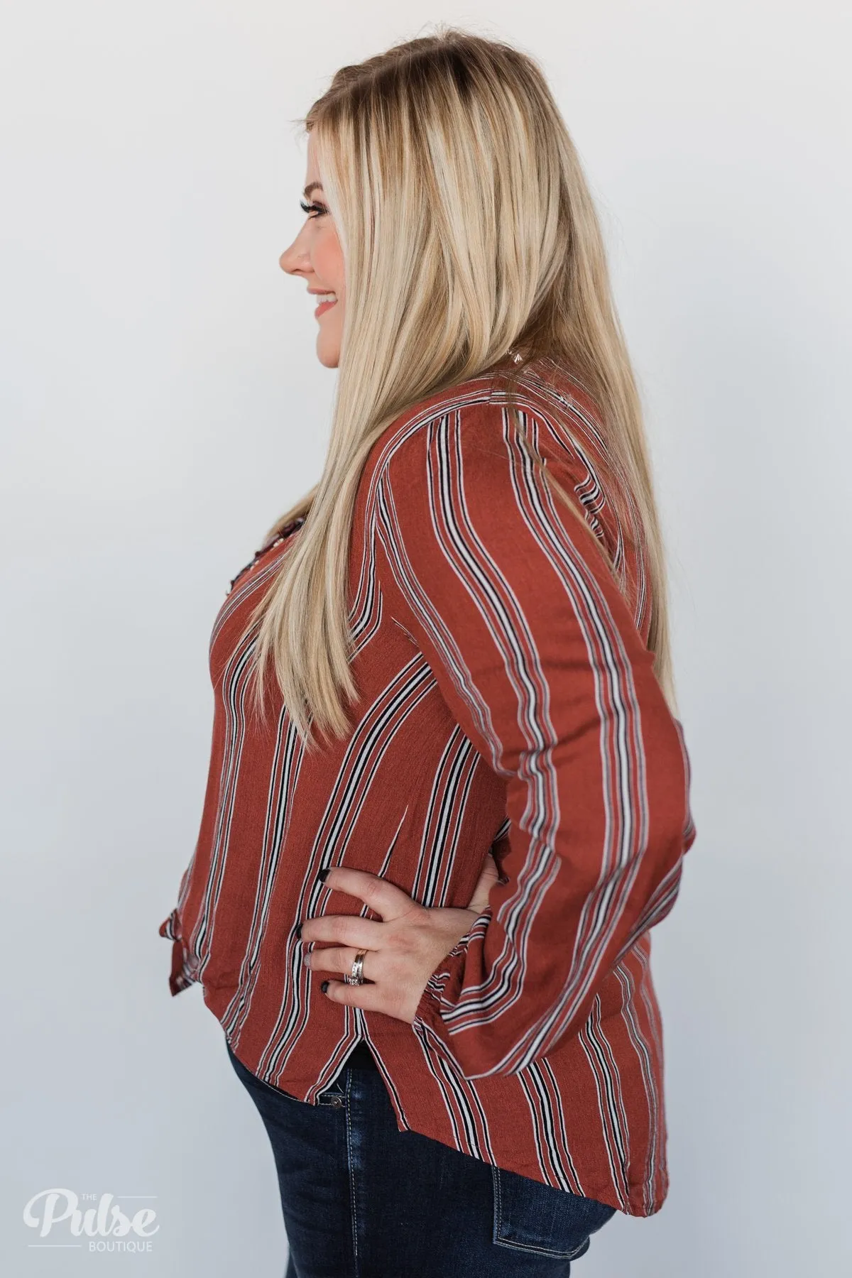 Take Your Time Striped Tie Top- Clay