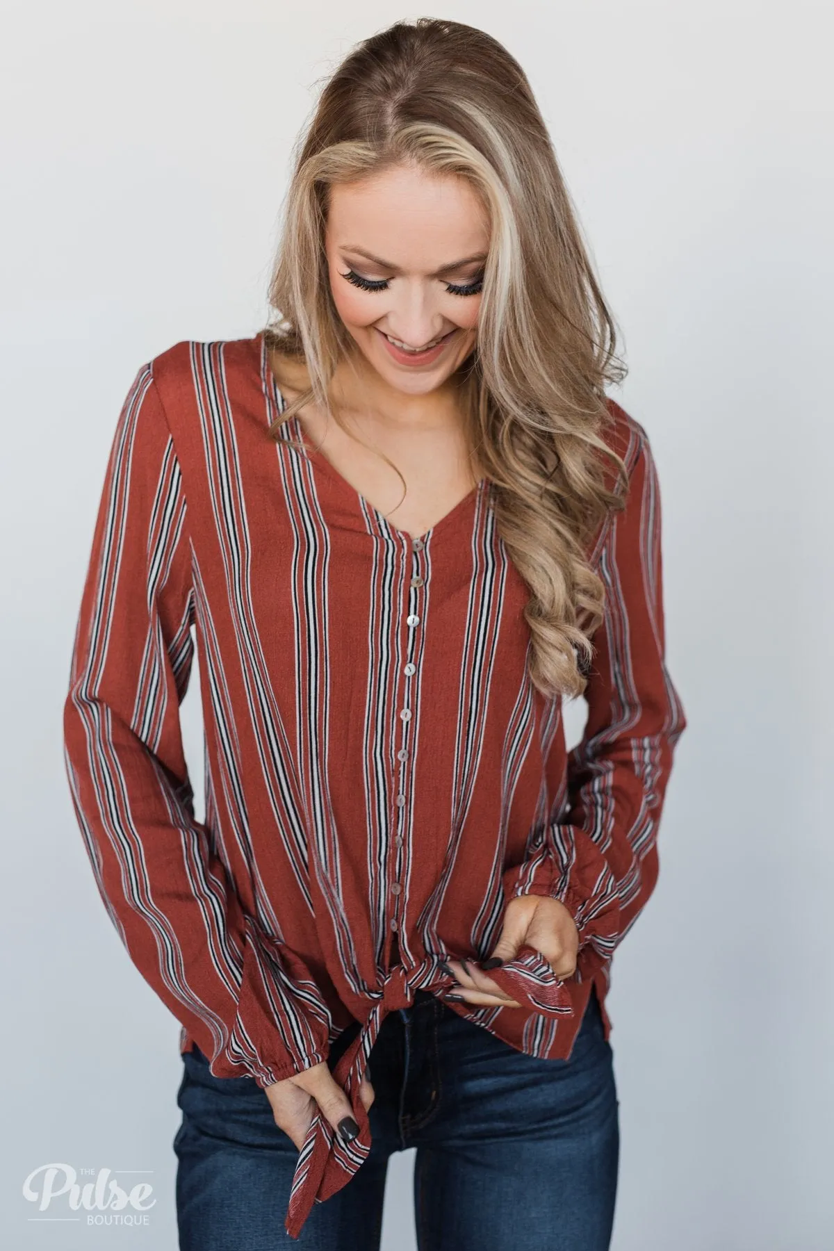 Take Your Time Striped Tie Top- Clay