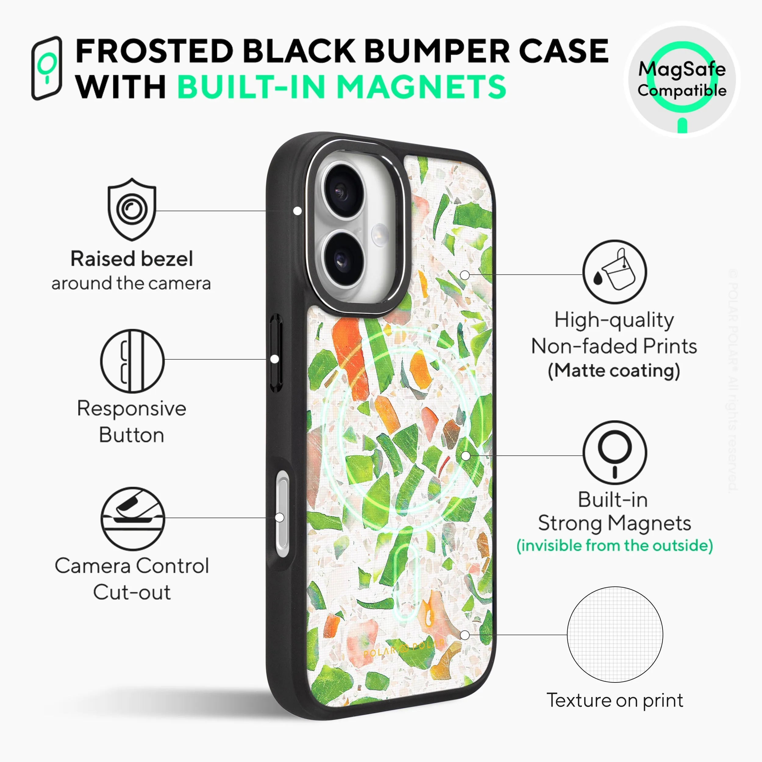 Terrazzo Green - iPhone 16 Plus Frosted Black Bumper MagSafe Case