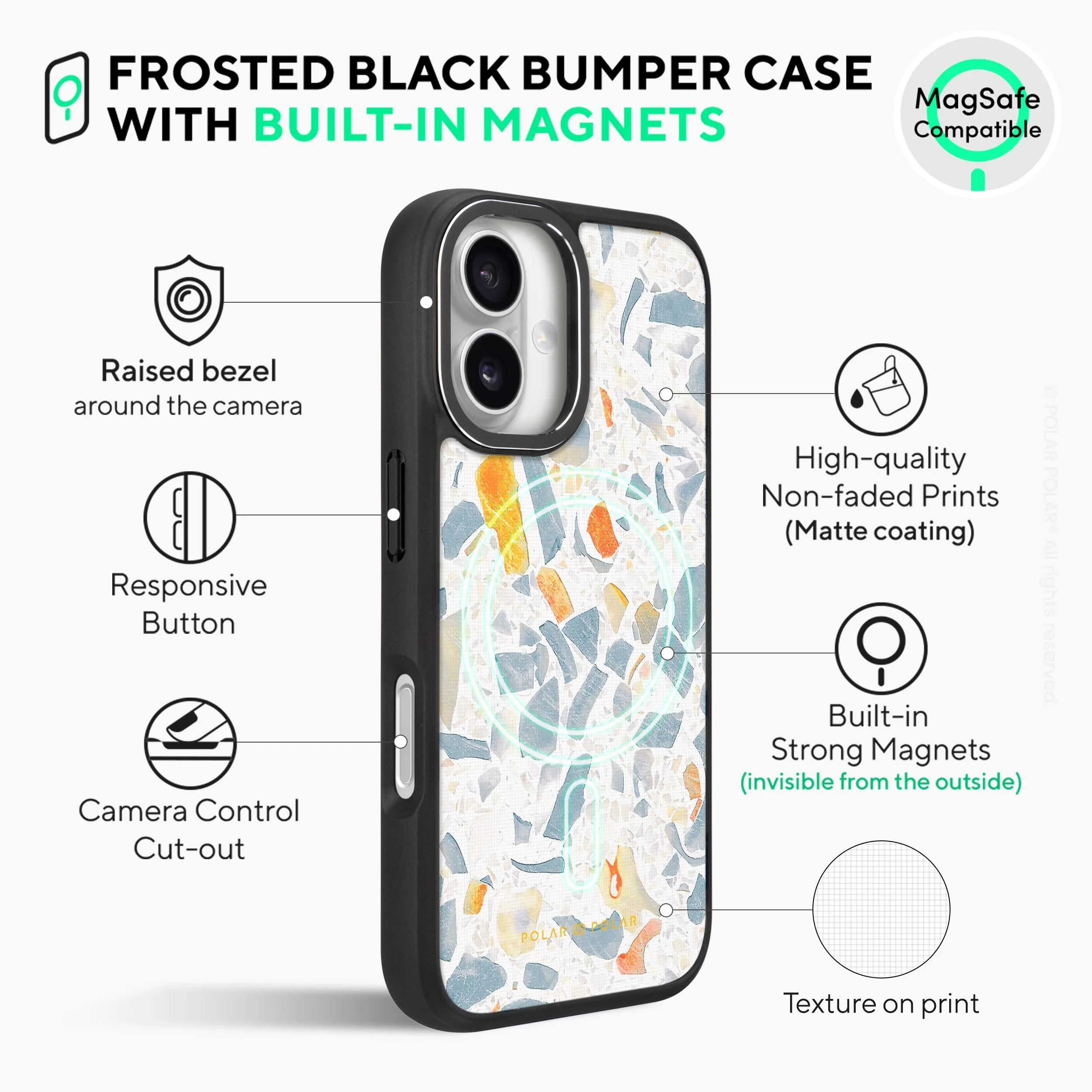 Terrazzo Grey - iPhone 16 Frosted Black Bumper MagSafe Case