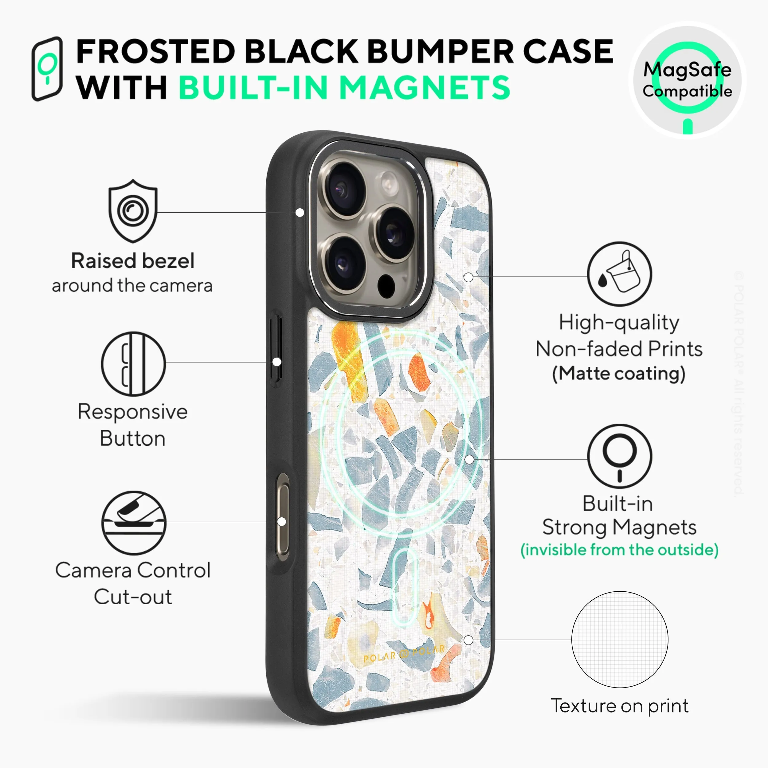 Terrazzo Grey - iPhone 16 Pro Frosted Black Bumper MagSafe Case
