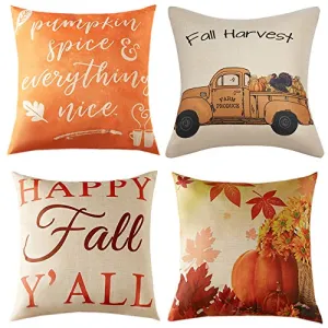 Thanksgiving Fall Pillow Covers 18x18 Inch for Fall Decor Set of 4 Autumn Harvest Pumpkin Theme Farmhouse Decorative Throw Pillow Covers for Sofa Couch Home Decoration