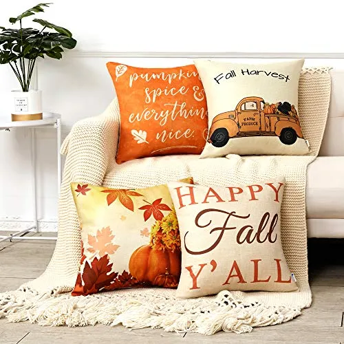 Thanksgiving Fall Pillow Covers 18x18 Inch for Fall Decor Set of 4 Autumn Harvest Pumpkin Theme Farmhouse Decorative Throw Pillow Covers for Sofa Couch Home Decoration