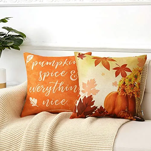 Thanksgiving Fall Pillow Covers 18x18 Inch for Fall Decor Set of 4 Autumn Harvest Pumpkin Theme Farmhouse Decorative Throw Pillow Covers for Sofa Couch Home Decoration