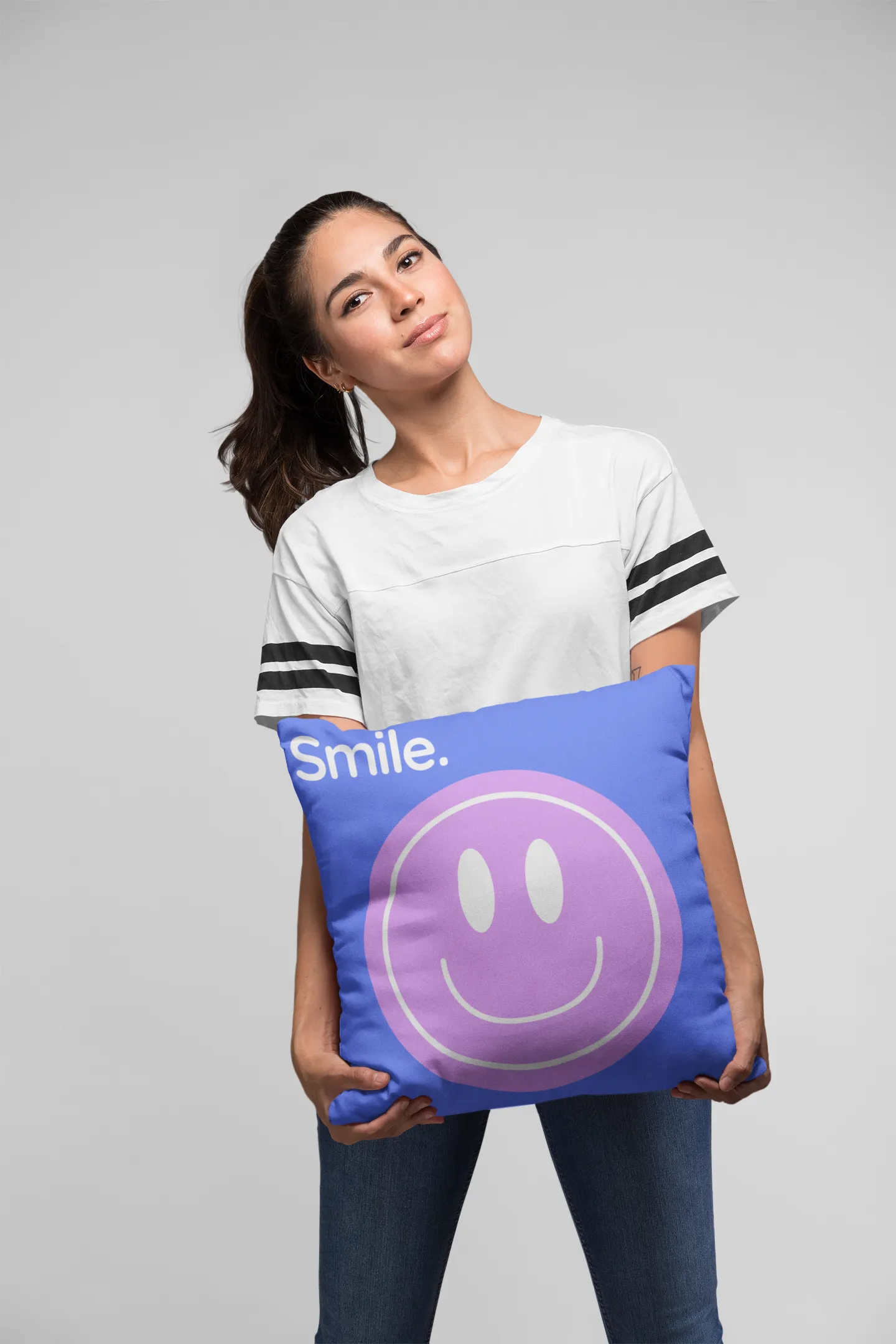 Throw Pillow Cover With Blue and Purple Smiley Face Design For Playroom Decor or Girls Room Decor