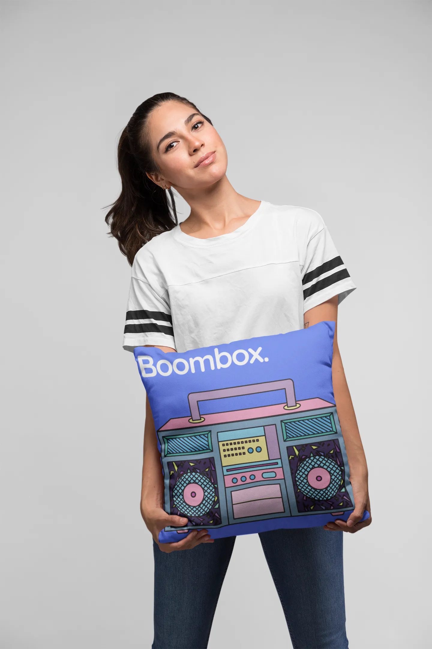 Throw Pillow Cover With Blue Pop Art Boombox Design For Dorm Room, Playroom Decor or Girls Bedroom Decor