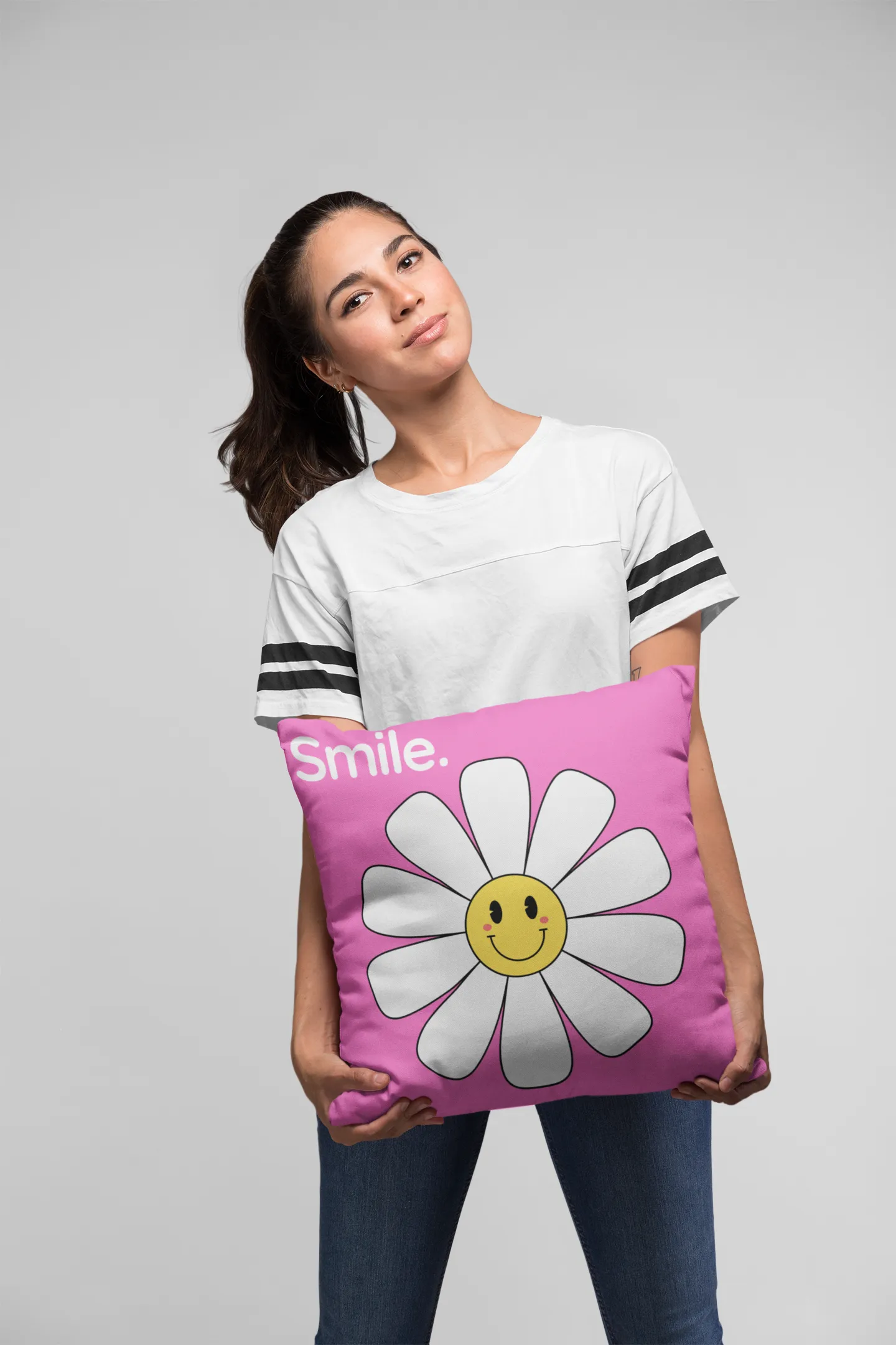 Throw Pillow Cover With Pink Pop Art Smiley Face Flower Design For Playroom Decor or Girls Room Decor