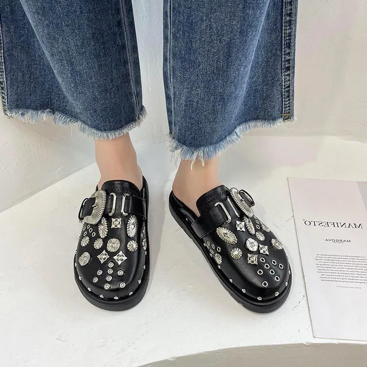 Toe Cap Semi Slipper New British Retro Platform Rivet Flat Shoes