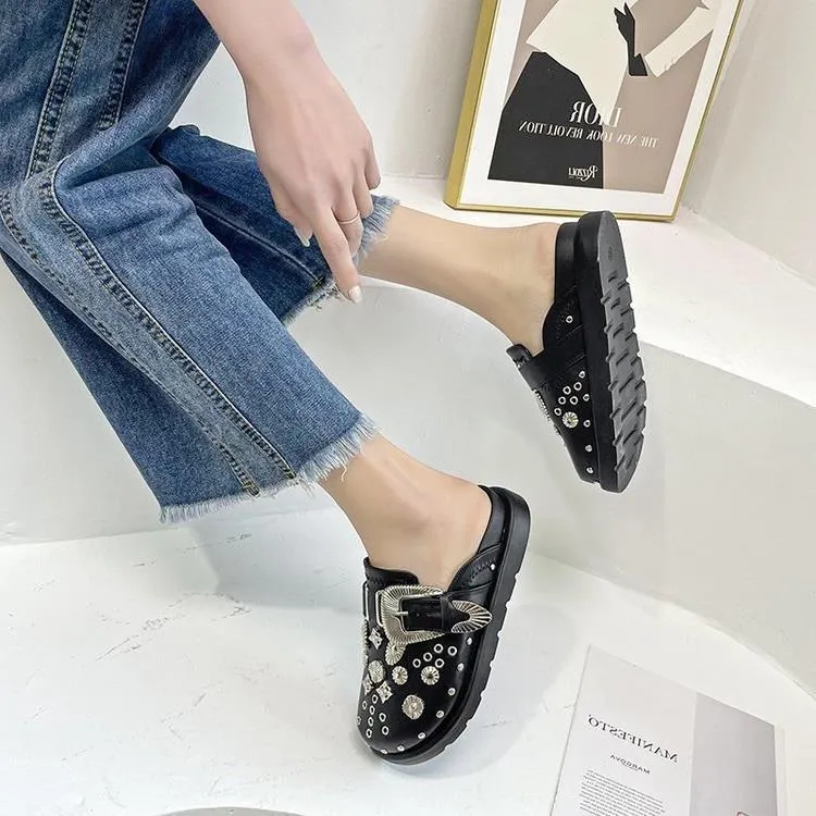 Toe Cap Semi Slipper New British Retro Platform Rivet Flat Shoes