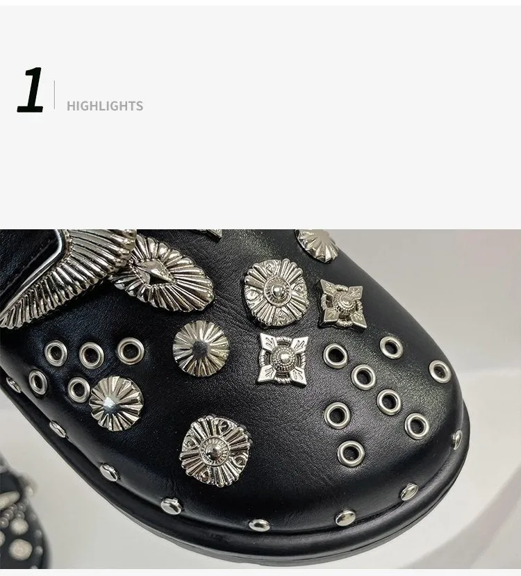Toe Cap Semi Slipper New British Retro Platform Rivet Flat Shoes