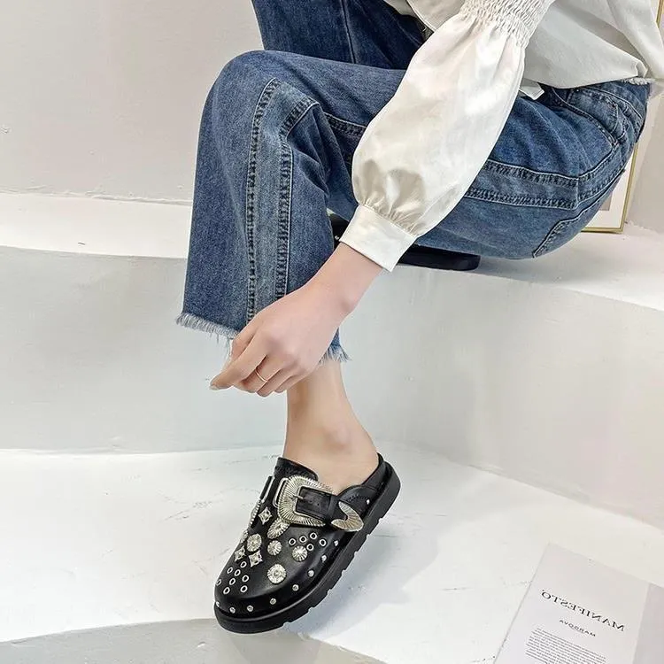 Toe Cap Semi Slipper New British Retro Platform Rivet Flat Shoes