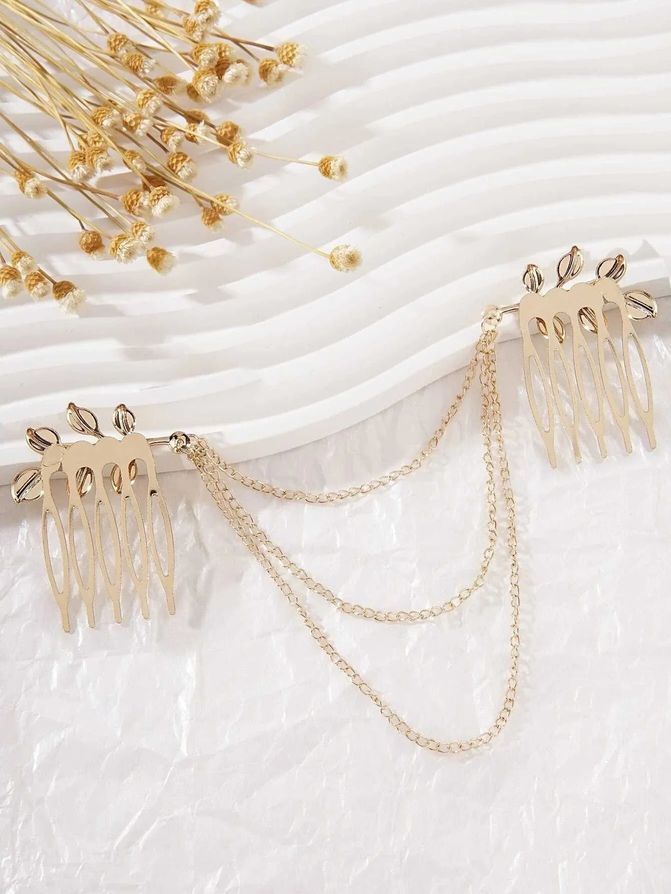 Triple Chained Hair Comb, Gold Leaf Hair Comb Hairpiece, Dancer Chained Hair Vine , Exotic Princess Hair Chain Headpiece