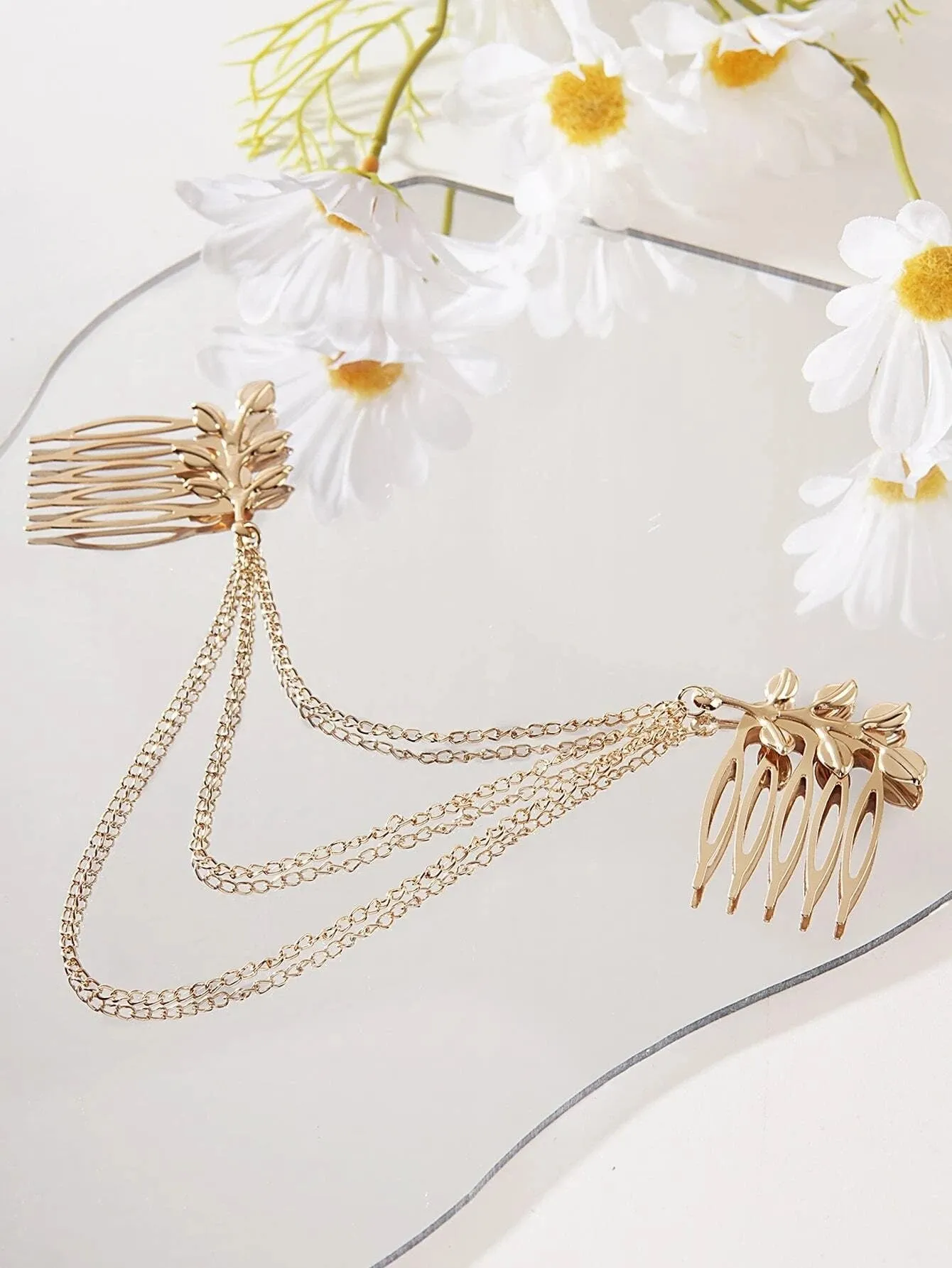 Triple Chained Hair Comb, Gold Leaf Hair Comb Hairpiece, Dancer Chained Hair Vine , Exotic Princess Hair Chain Headpiece