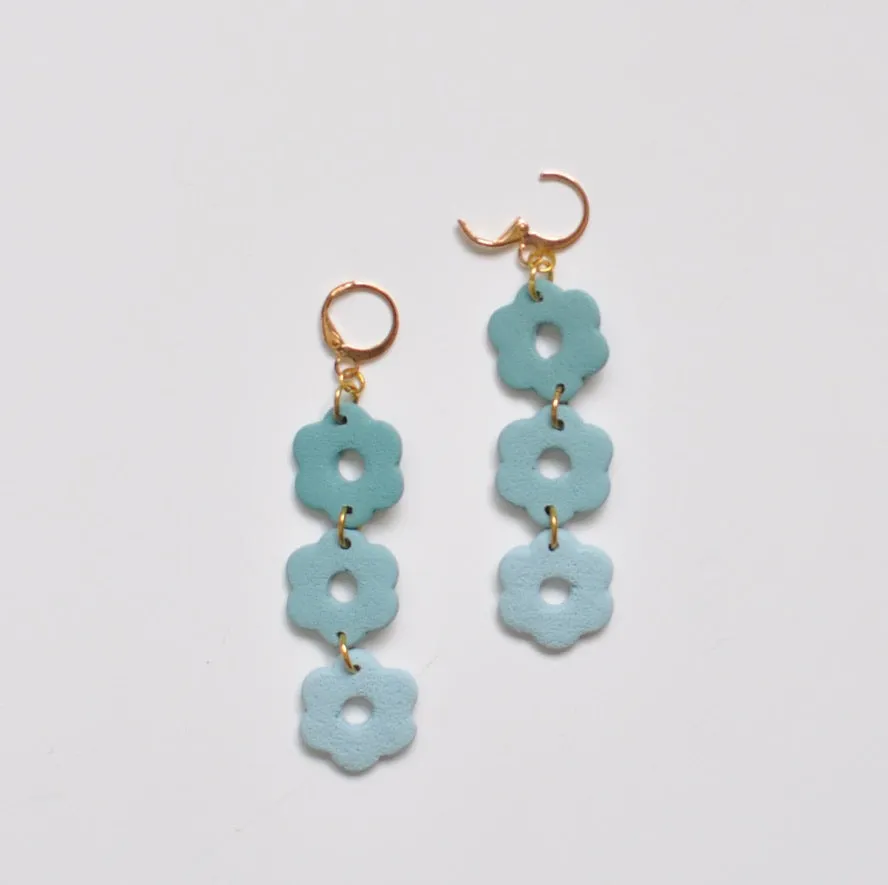 Triple Flower Aqua Blue Dangle Earrings by Spring St. Design Studio
