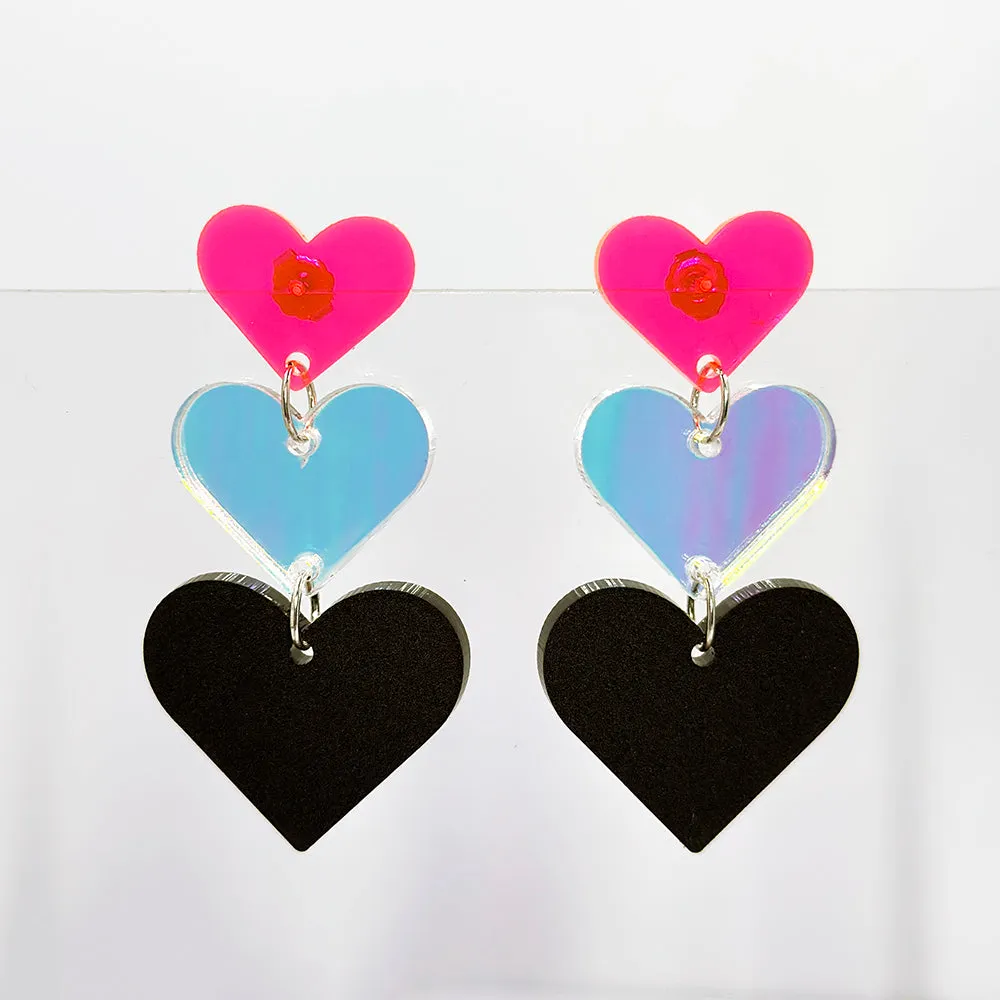 Triple Heart Earrings - Neon Pink, Iridescent & Matte Black